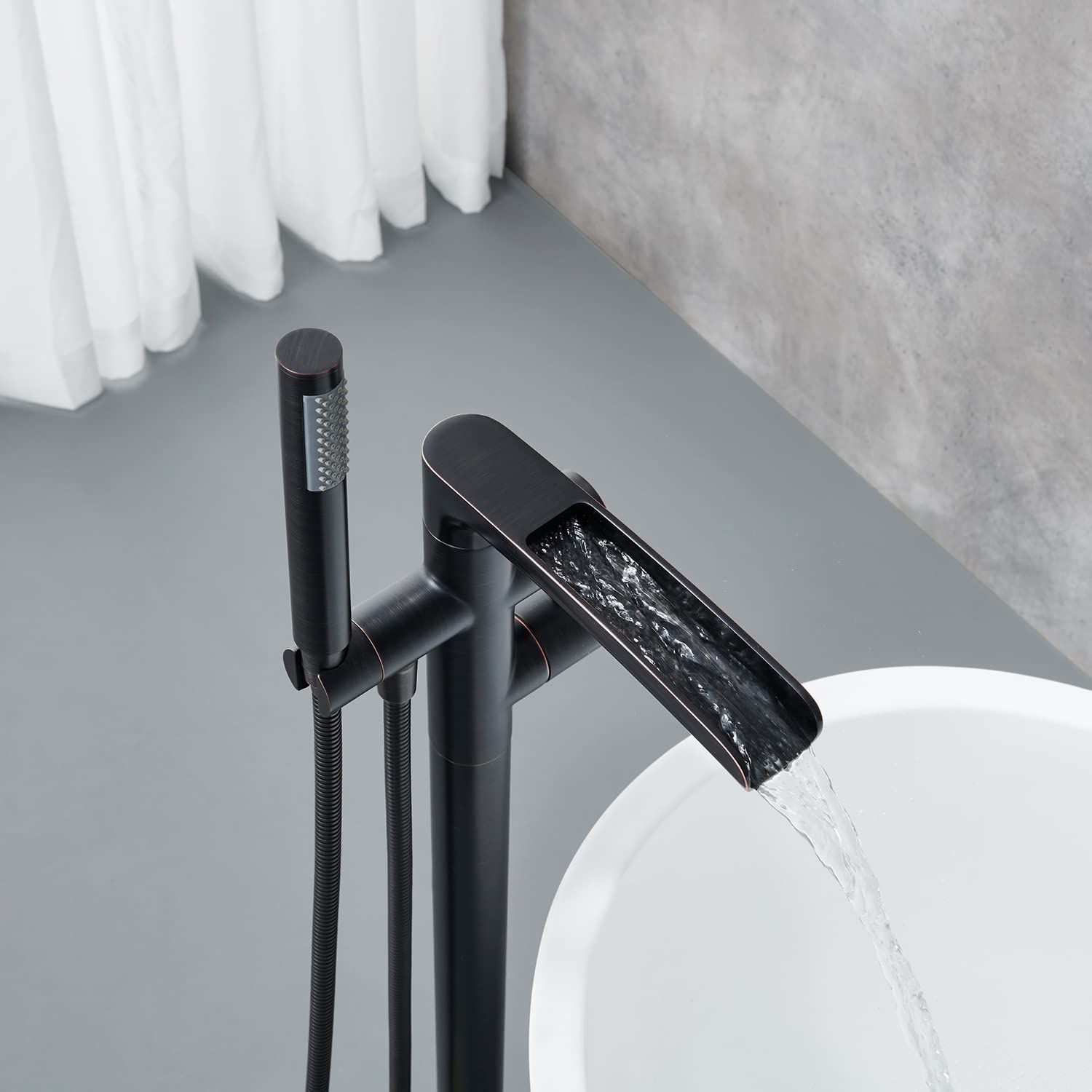 Thermostatic Freestanding Bathtub Faucet - Oil Rubbed Bronze Waterfall Tub Filler with Hand Shower & Rough-in Valve | Floor Mount Brass Bathroom Faucet for Luxury Spa & Master Bathroom Renovation