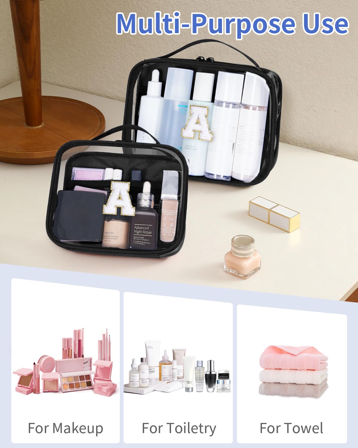 Wandering Nature Clear Makeup Bags 2 Pack - Personalized Initial Cosmetic Pouch Organizer, Preppy Small Travel Toiletry Bag for Women | Perfect Birthday Gift for Girlfriend, Best for Travel, Gym & Daily Makeup Storage