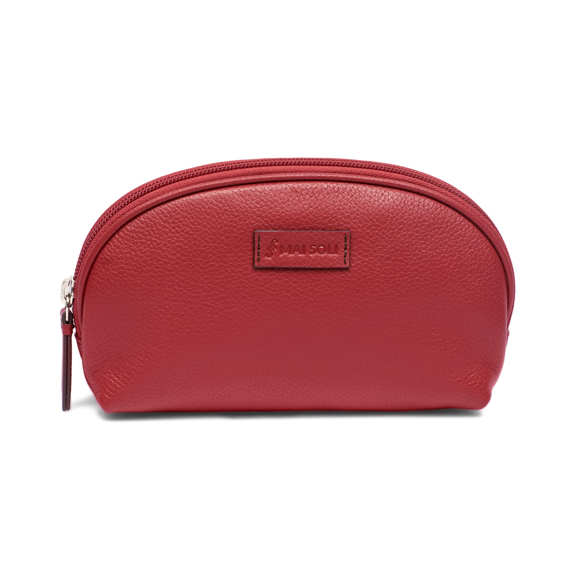 MAI SOLI Large Dome Women's Leather Cosmetic Bag | Makeup Organizer for Brushes, Toiletries & Travel Essentials | Portable Medicine Pouch | Perfect for Daily Use, Vacation & Gift Giving - Red