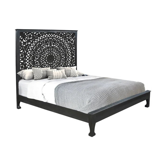 Hand Carved Solid Wood Low Profile Standard Bed Frame - Black | Modern Minimalist Bedroom Furniture for Small Spaces & Cozy Home Decor