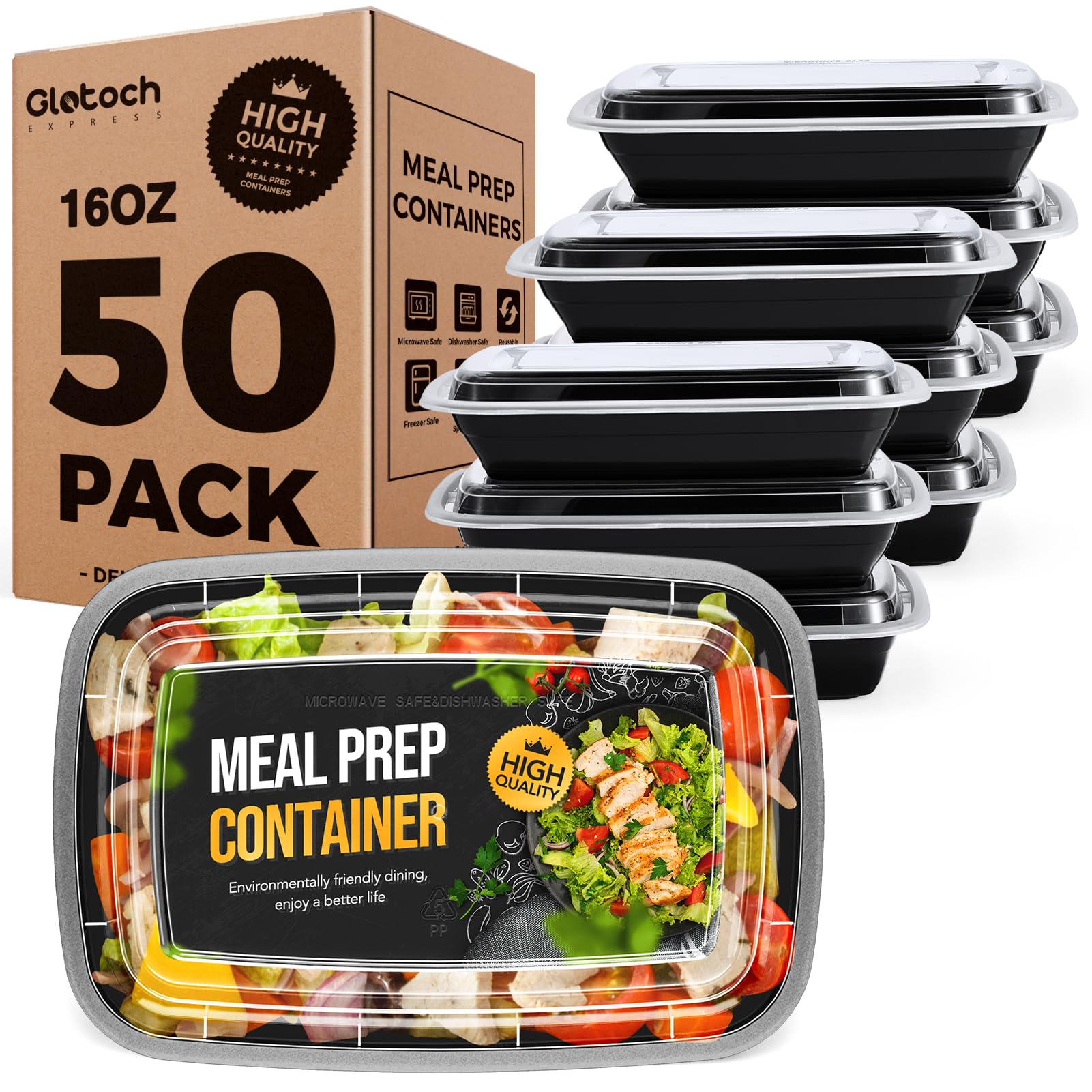 50-Pack 16 oz Reusable Meal Prep Containers with Lids - Leakproof, Microwave, Freezer & Dishwasher Safe - BPA-Free Plastic Food Storage Containers for Meal Prepping, Takeout, Leftovers & Office Lunch