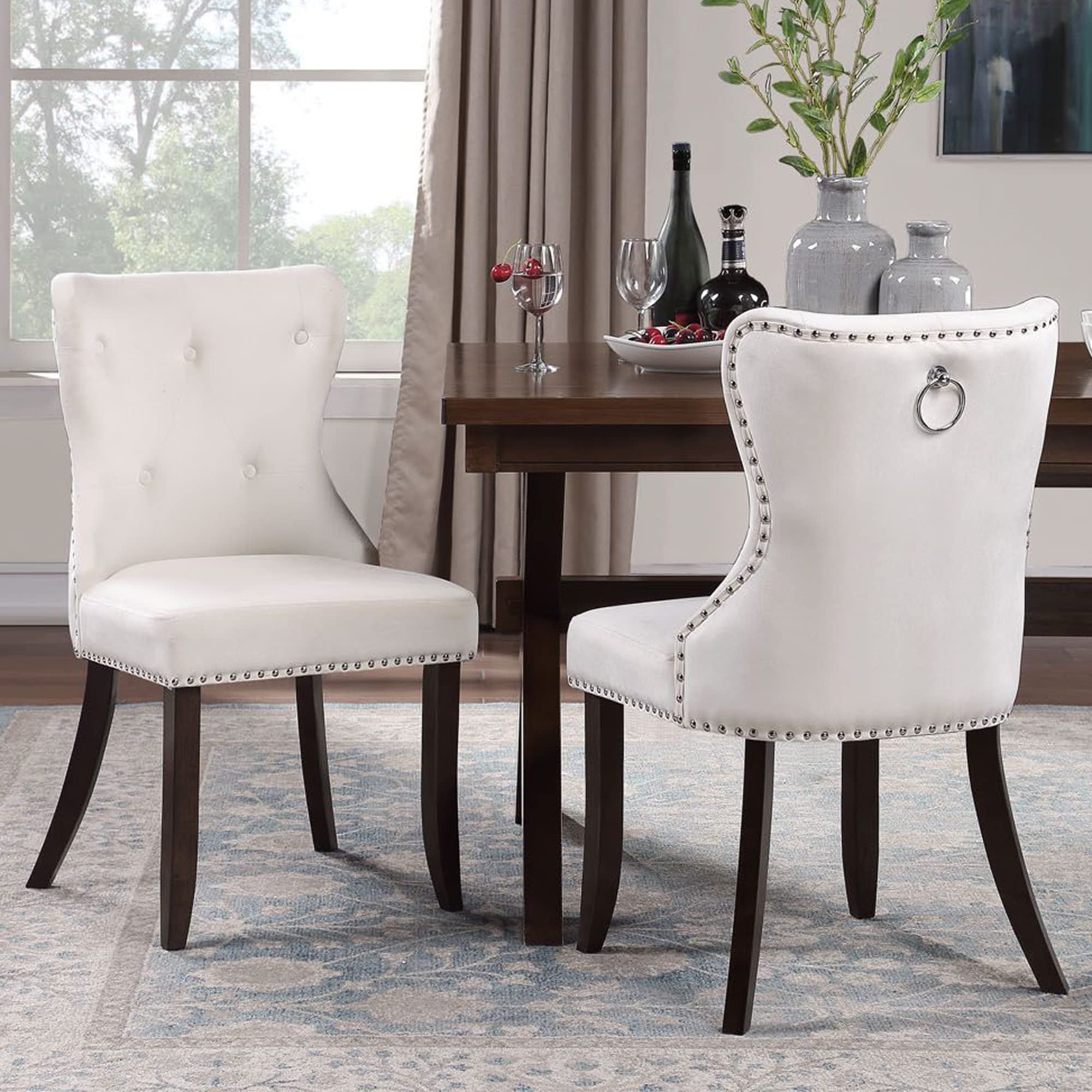 Premium Merax Classic Fabric Dining Chairs Set of 2 - Solid Wood Legs, Tufted Button Velvet Upholstery with Nailhead Trim - Elegant Cream Accent Chairs for Dining Room, Living Room, Bedroom & Home Office Decor