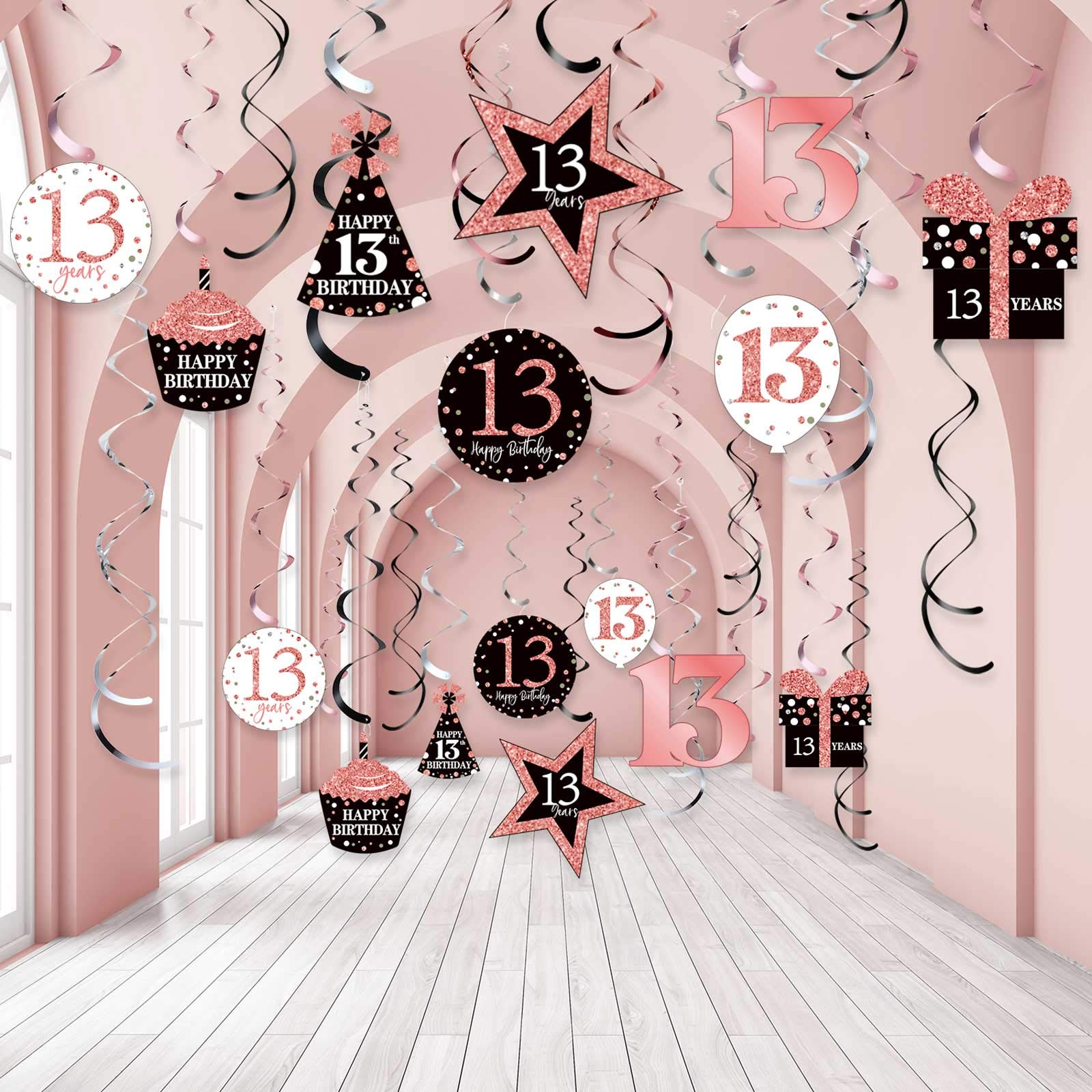 Rose Gold Birthday Party Decorations - 30 Count Shiny Foil Hanging Swirls for Ceiling Decor (13 Styles) | Perfect for Birthday Parties, Baby Showers & Anniversary Celebrations