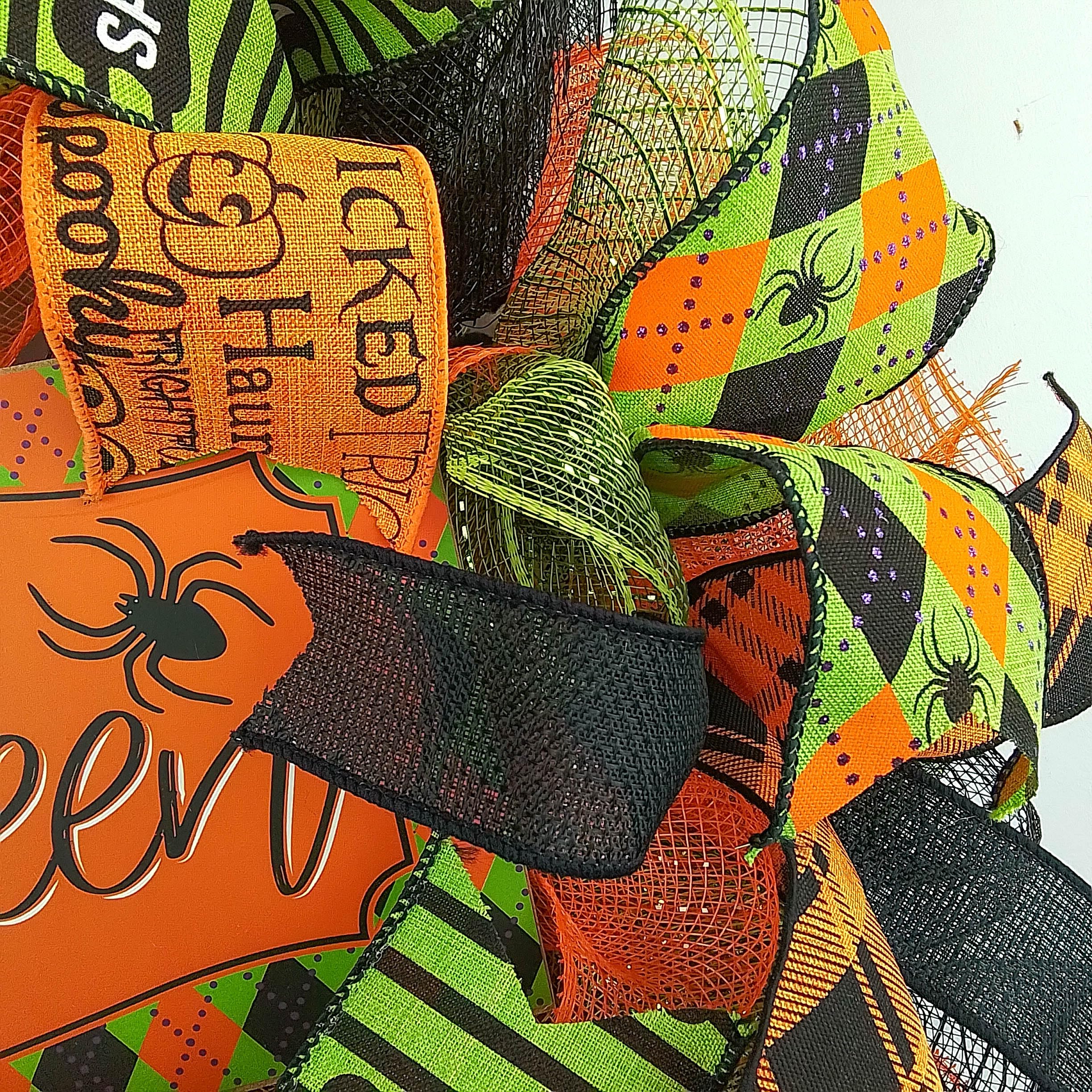 Happy Halloween Wreaths - Mesh Outdoor Front Door Decor in Black, Orange, Purple & Lime Green | Spooky Fall Porch Decoration for Home & Party