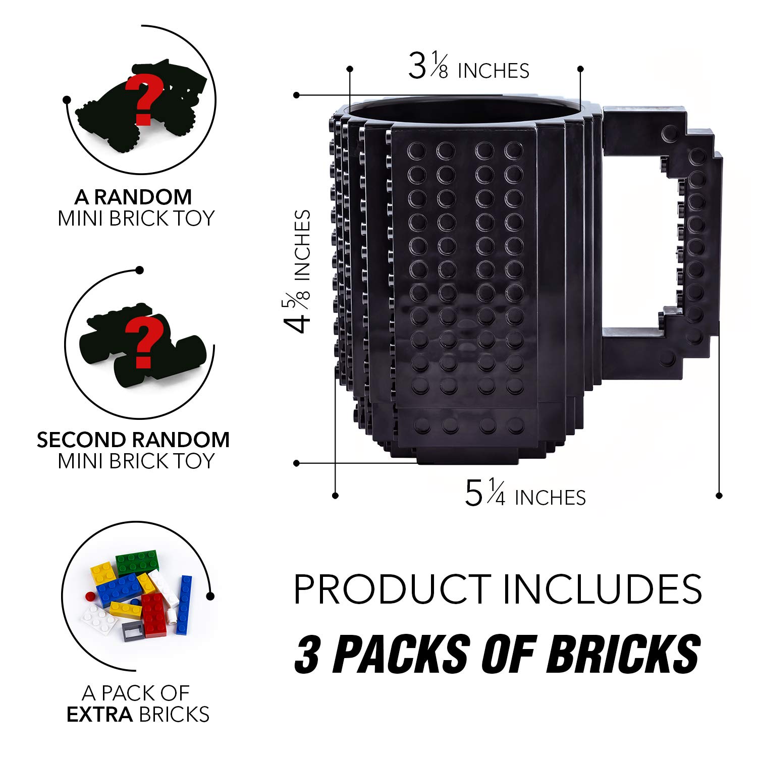 BPA-Free Building Block Cups for Kids - 16OZ Creative DIY Stackable Brick Mug (Black) - Perfect for Playtime, STEM Learning & Fun Party Favors