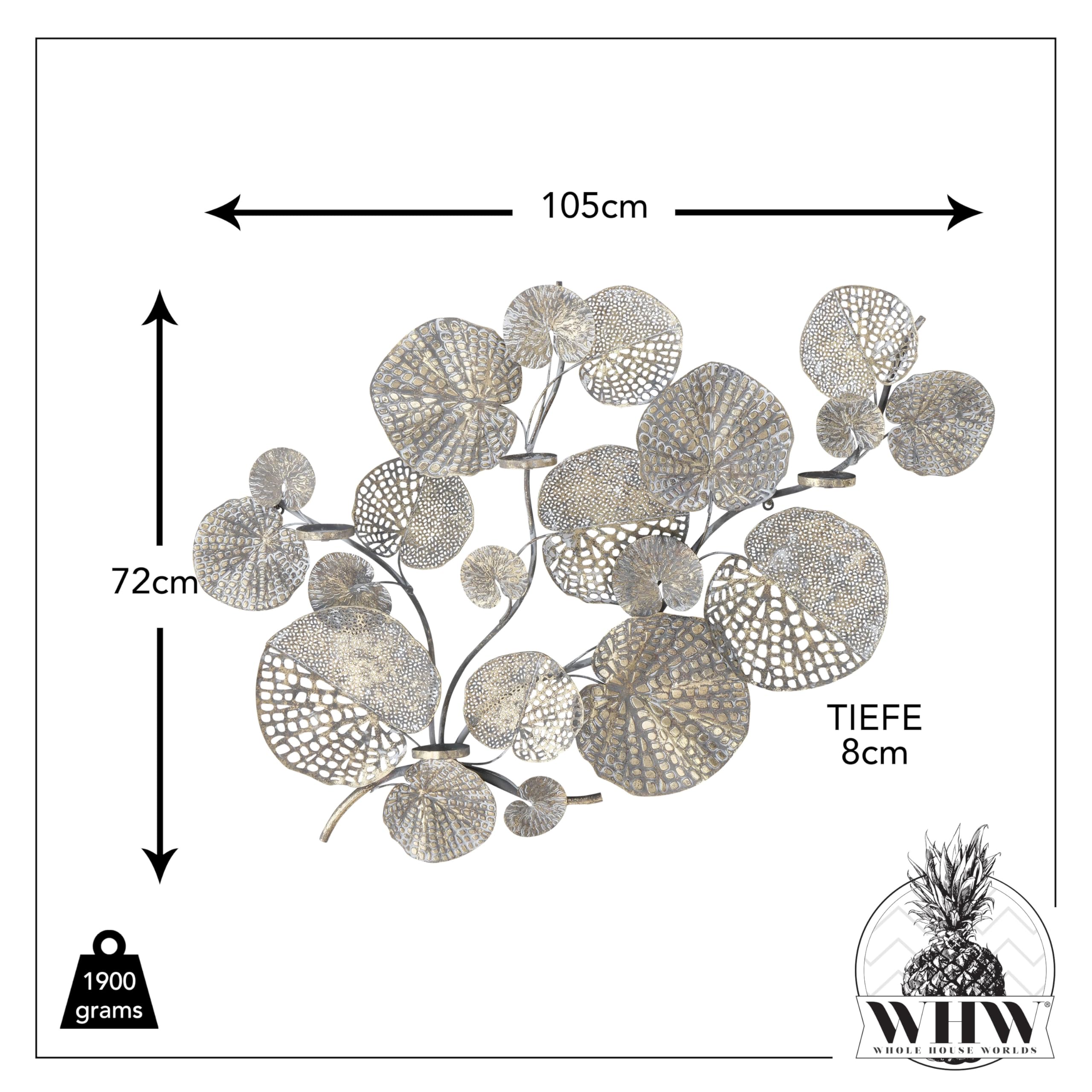 Modernist Botanical Metal Wall Art Sculpture - 4 Candle Abstract Bas Relief with 21 Layered Leaves, Tonal Gold Gilt & Antique Silver Finish, Hand-Welded Patina Decor (41.25x28.25 Inches) - Perfect for Living Room, Bedroom, or Office Decoration