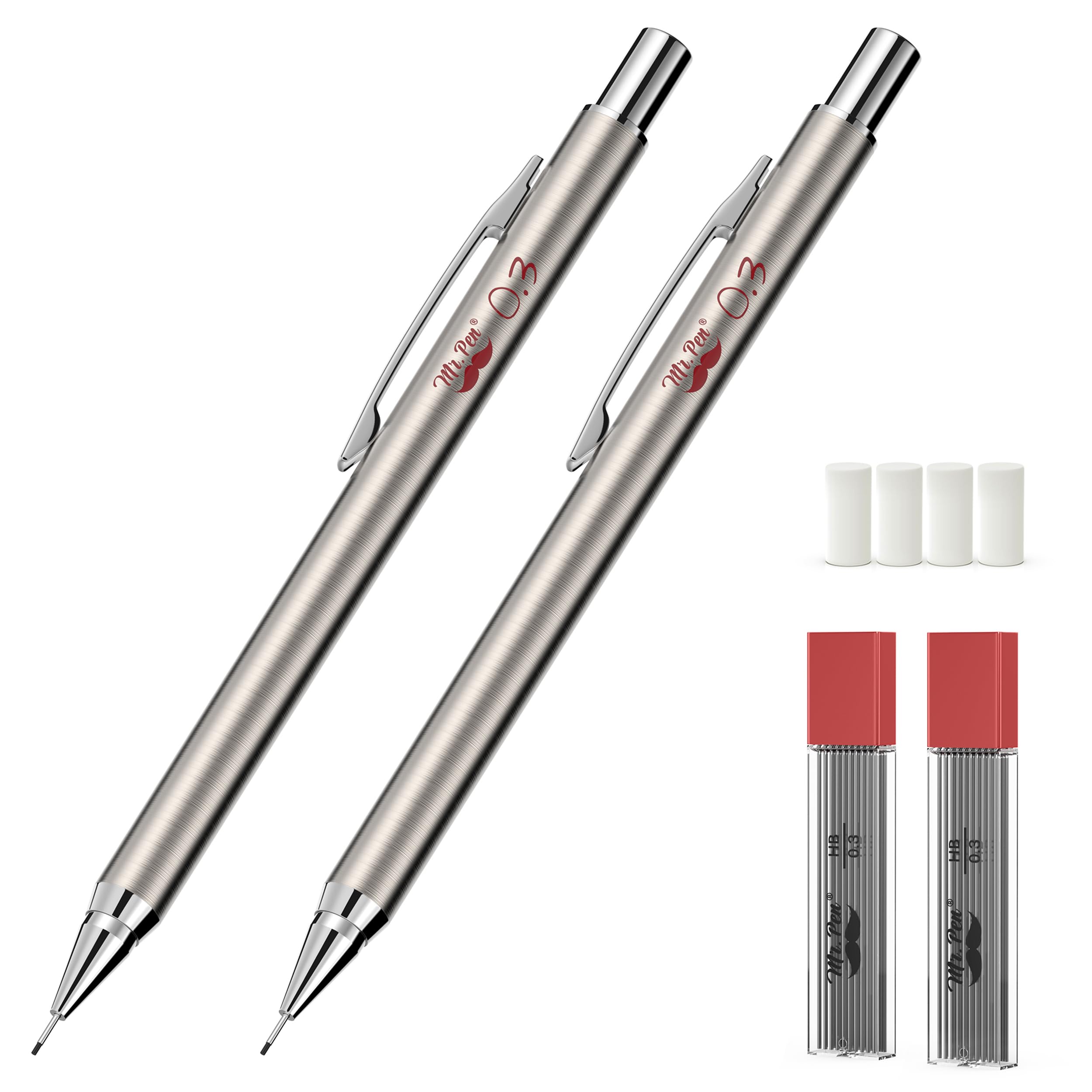 Premium 0.3mm Silver Metal Mechanical Pencils (2-Pack) - Perfect for Artists, Engineers & Technical Drawing - Ideal for Sketching, Drafting & Precision Writing