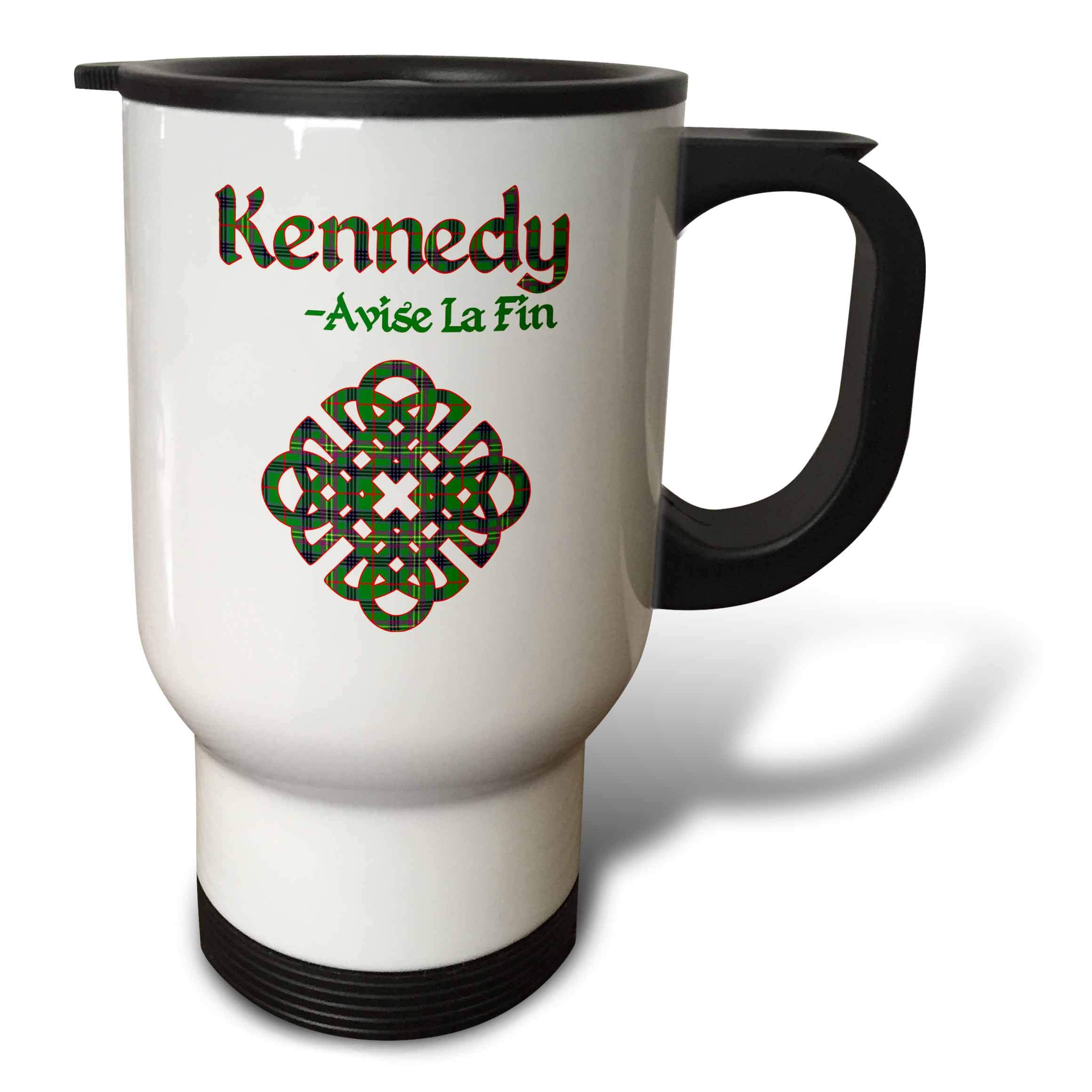 3D Rose Celtic Knot Kennedy Clan Tartan Colors Travel Mug - 14oz Stainless Steel White Insulated Cup with Family Motto | Perfect for Coffee, Tea & Hot Drinks at Home, Office or Travel