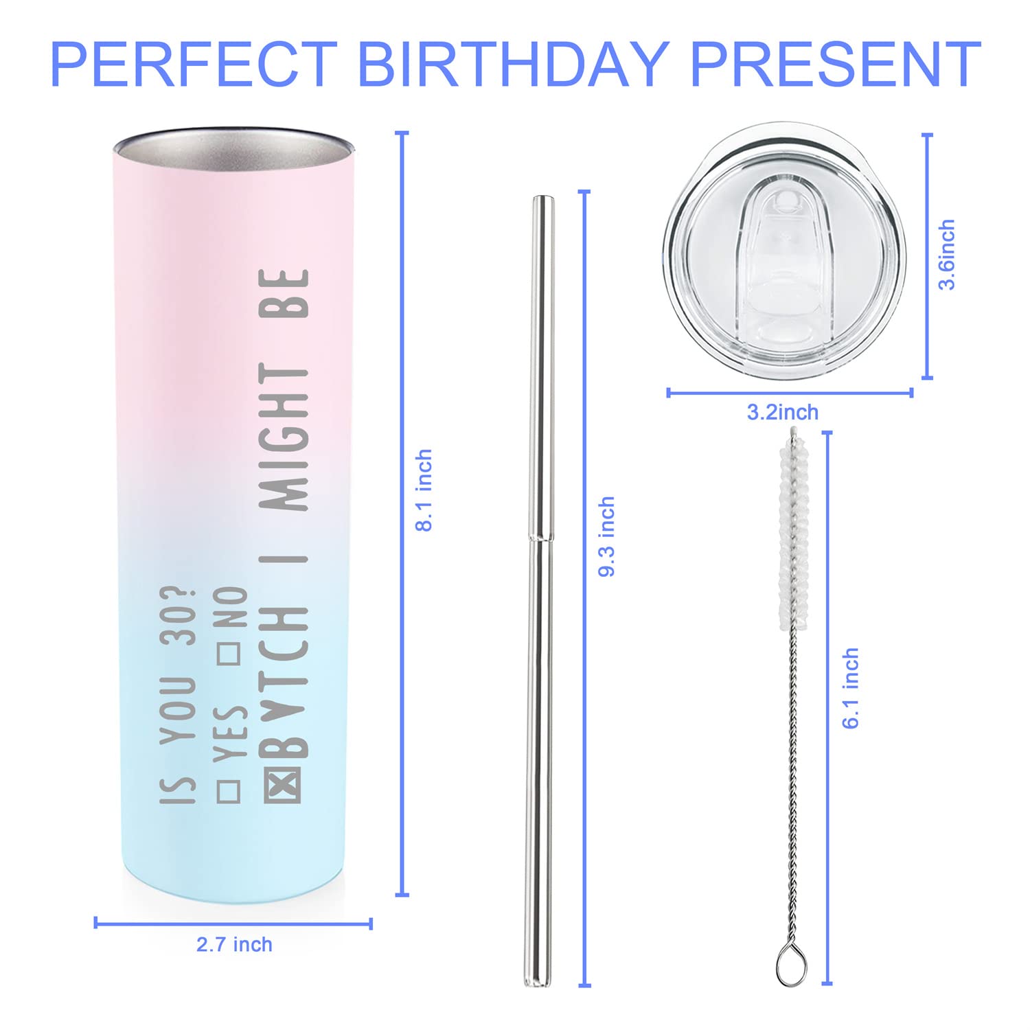 30th Birthday Gifts for Women - 20oz Skinny Tumbler with Lid & Straw - Pink Ombre Travel Cup - Perfect 30 Year Old Birthday Present for Her - Great for Office, Gym, and Travel - 1994 Birthday Gift Idea