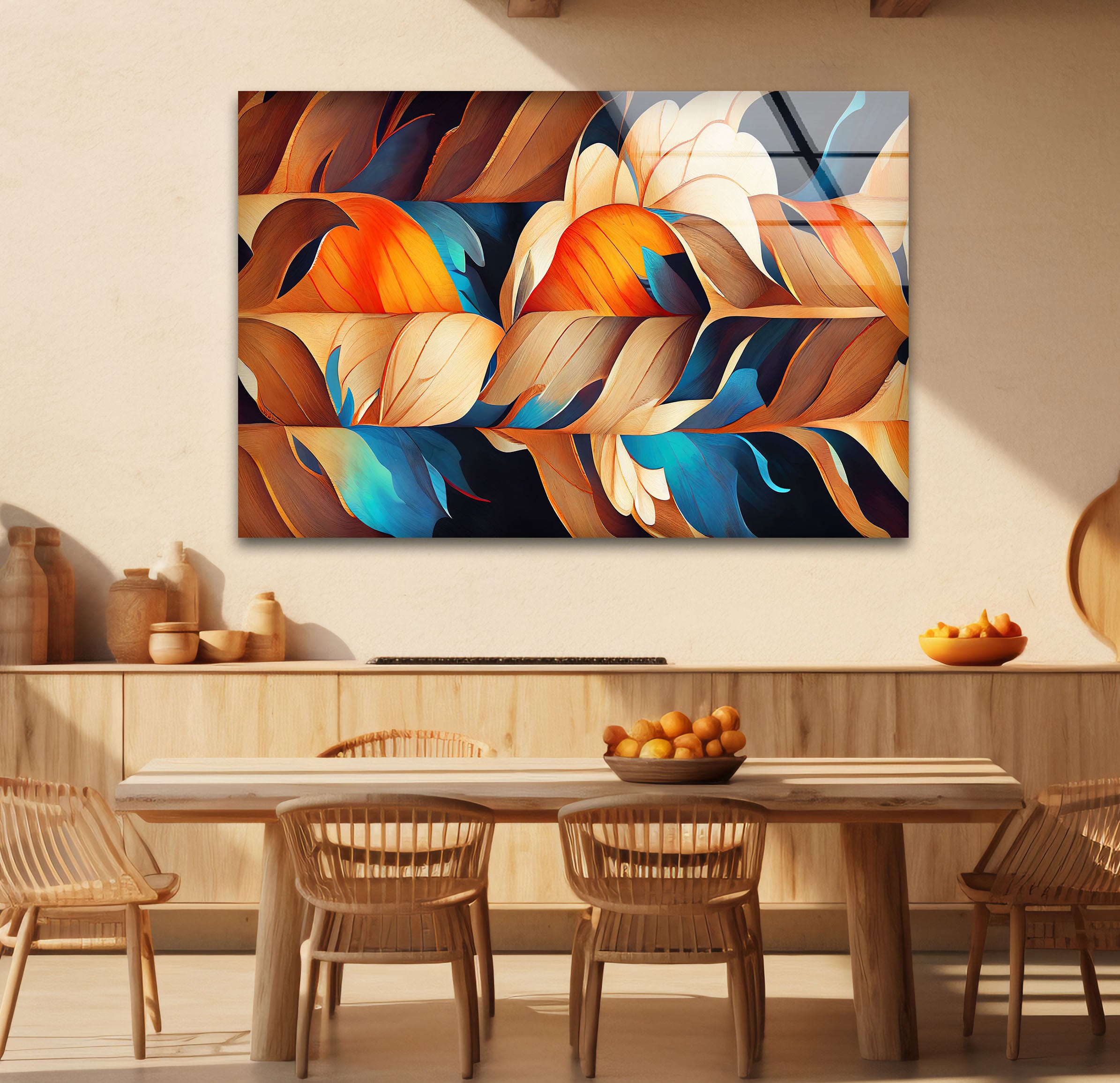 Abstract Feather Flow Glass Wall Art – Earthy Orange & Teal Nature Design Handmade Home Decor for Living Room, Bedroom & Office – Modern Nature-Inspired Wall Hangings