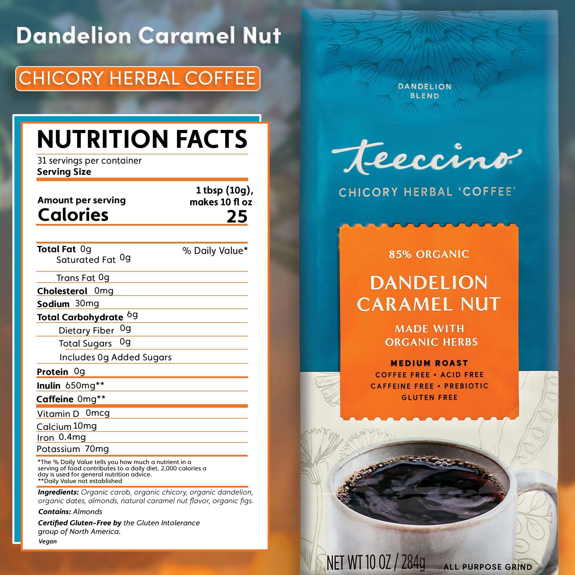 Teeccino Dandelion Caramel Nut Herbal Coffee - Caffeine-Free, Prebiotic, Gluten-Free & Acid-Free Medium Roast Coffee Alternative - 10oz (3-Pack) | Perfect for Morning Brew, Afternoon Pick-Me-Up & Digestive Health