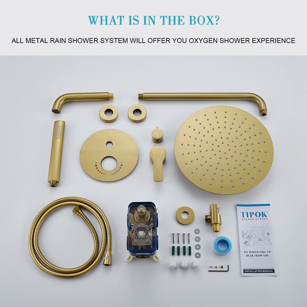Premium Brushed Gold Shower Faucet Set with 12-Inch Rainfall Shower Head & Bathtub - High Pressure Bathroom Fixture for Luxurious Spa Experience | Modern Gold Shower System for Master Bathroom & Guest Suite Renovation