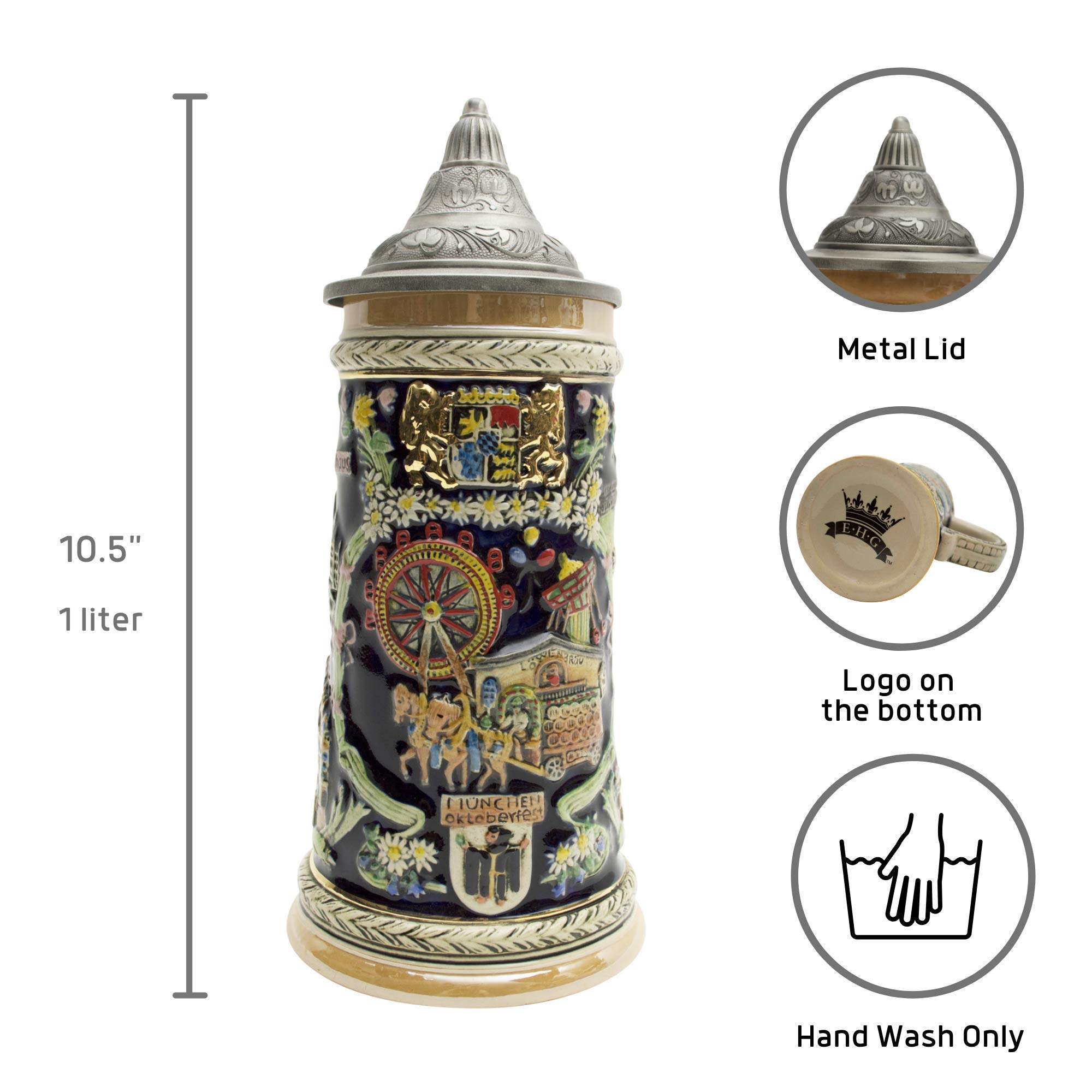 Authentic Hand-Painted Munich Oktoberfest Beer Stein with Metal Lid - 1 Liter Large German Beer Tankard Mug for Oktoberfest & Home Brewing - Perfect Gift for Beer Lovers & Collectors - Ideal for Oktoberfest Celebrations, Home Bars & Man Cave Decor