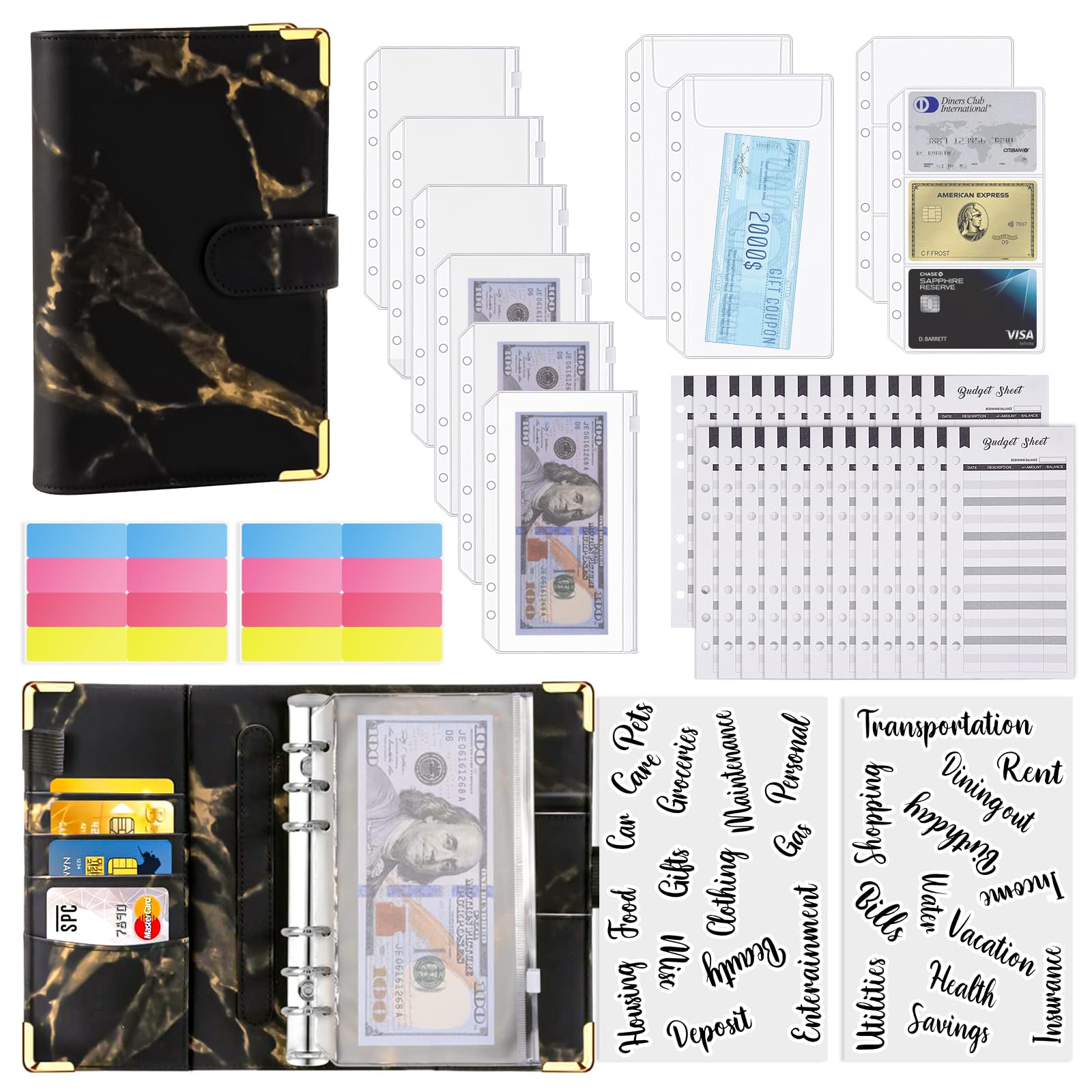 PU Leather Budget Binder with Zipper Envelopes - Money Organizer for Cash, Bills & Coupons | Cash Envelope System for Budgeting & Saving Money | Marble Black | Perfect for Home Finance, Travel & Office Use