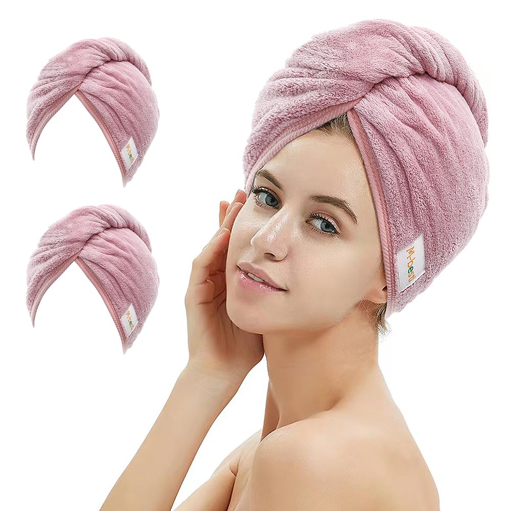 2 Pack Microfiber Hair Towel Wrap - Super Absorbent Hair Drying Towel with Button Closure for Curly Hair - Soft & Quick Dry Hair Towel for Women & Men - Perfect for Shower, Salon & Travel (Bean Pink)
