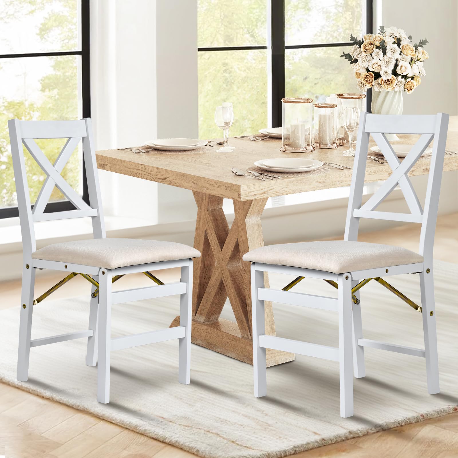 COLAMY Set of 2 Folding Dining Chairs with Padded Seats - Wooden Foldable Chairs for Kitchen, Dining Room, Party & Camping - Space Saving White Chairs for Small Spaces & Outdoor Events