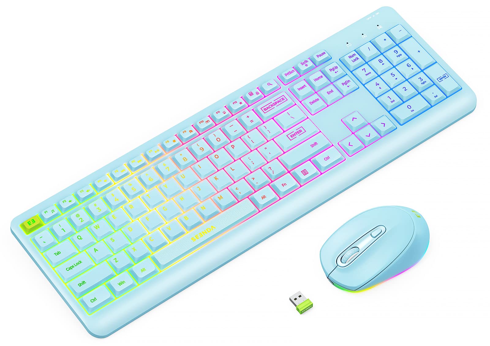 Backlit Wireless Keyboard and Mouse Combo - Rechargeable Full-Size USB Cordless Keyboard with LED Lighting for PC, Laptop, Chromebook - Blue | Perfect for Home Office, Gaming & Remote Work