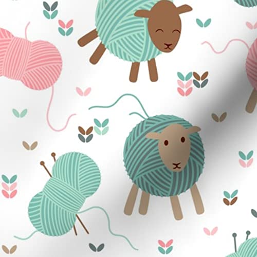 Premium Spoonflower Fabric - Soft Knitting Sheep & Lamb Needle Animal Print on Petal Signature Cotton Fabric by The Yard - Perfect for Sewing, Quilting, Apparel, DIY Crafts & Home Decor | Ideal for Baby Clothes, Throw Pillows & Wall Art