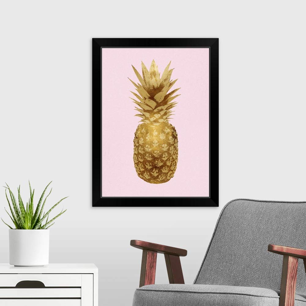 Pineapple Gold on Pink and Black Framed Art Print - Tropical Home Decor for Living Room, Bedroom, or Office
