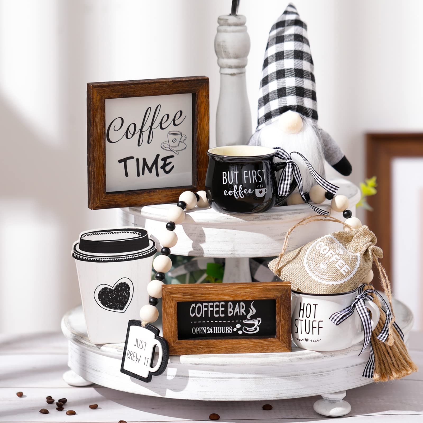 8-Piece Coffee Bar Decor Set - Farmhouse Tiered Tray Decorations with Wooden Coffee Signs, Mini Mugs & Bead Garland | Rustic Kitchen Table & Coffee Station Decor for Home, Cafe, and Office