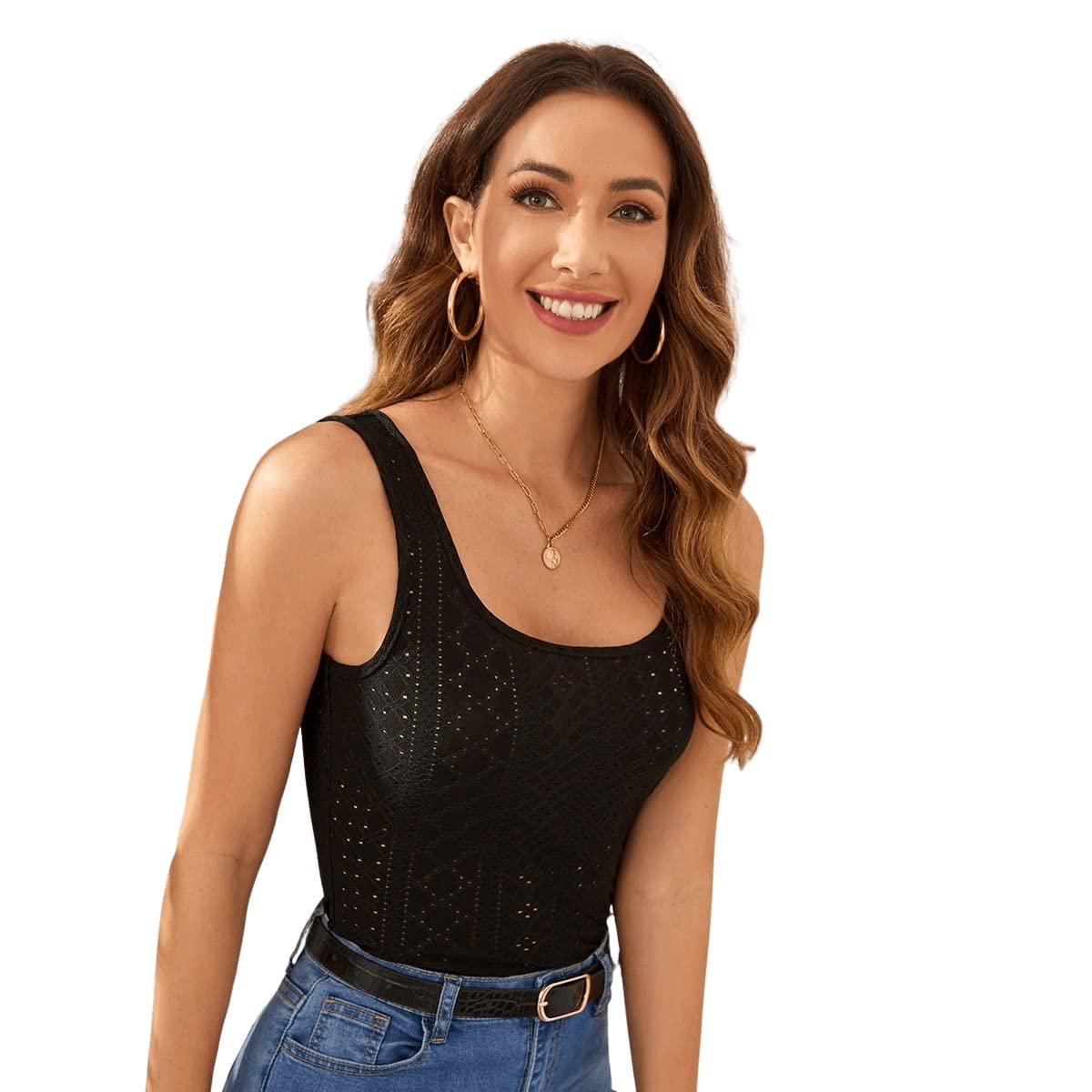 SweatyRocks Women's Sleeveless Crochet Tank Top with Cut Out Eyelet Design - Summer Boho Beachwear, Casual Outfit for Vacation & Music Festivals