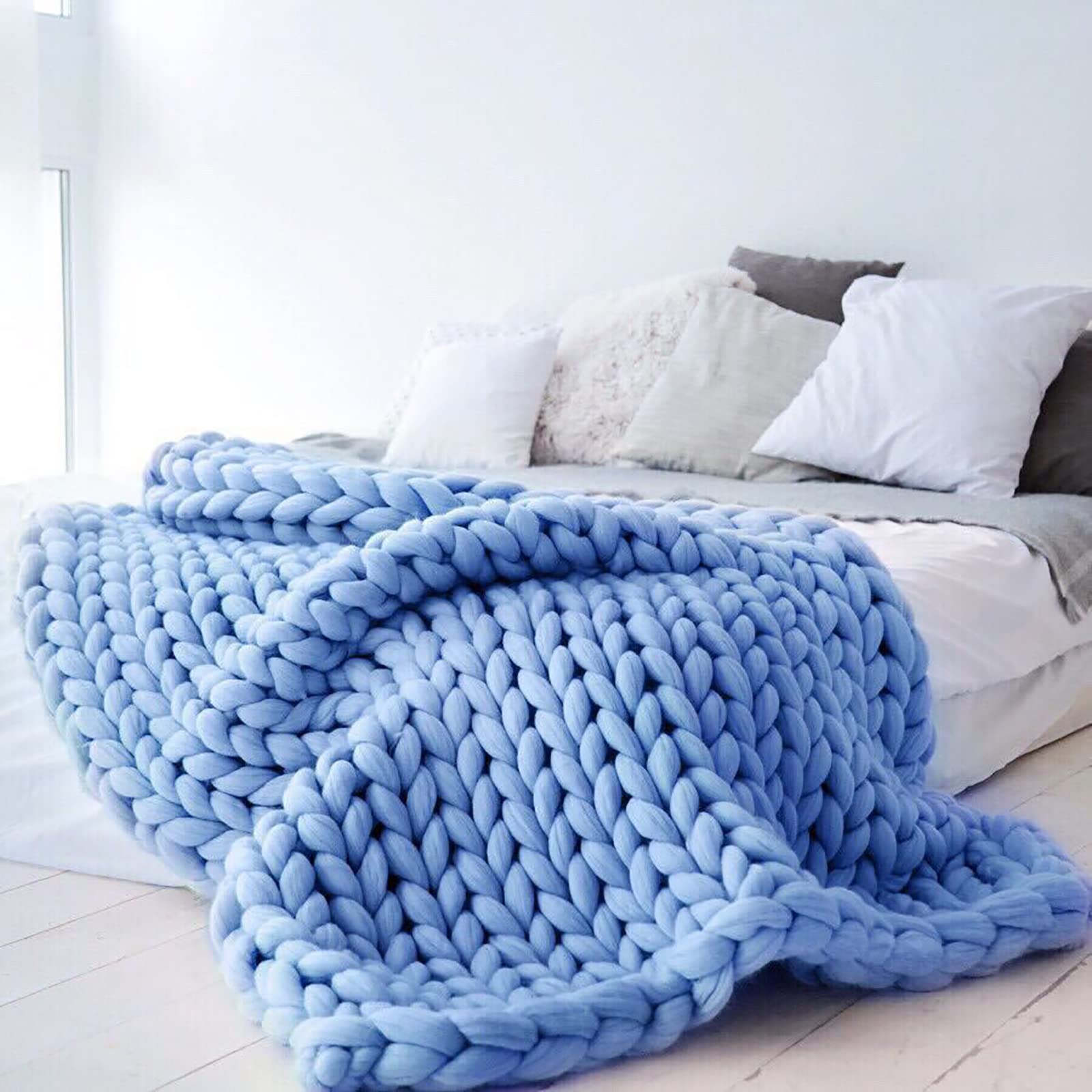 Chunky Knit Blanket - Soft Coarse Knitted Wool Throw for Sofa, Bed, Yoga & Home Decor - 100x100cm Blue - Perfect for Cozy Nights, Gifts & Boho Style Living Room