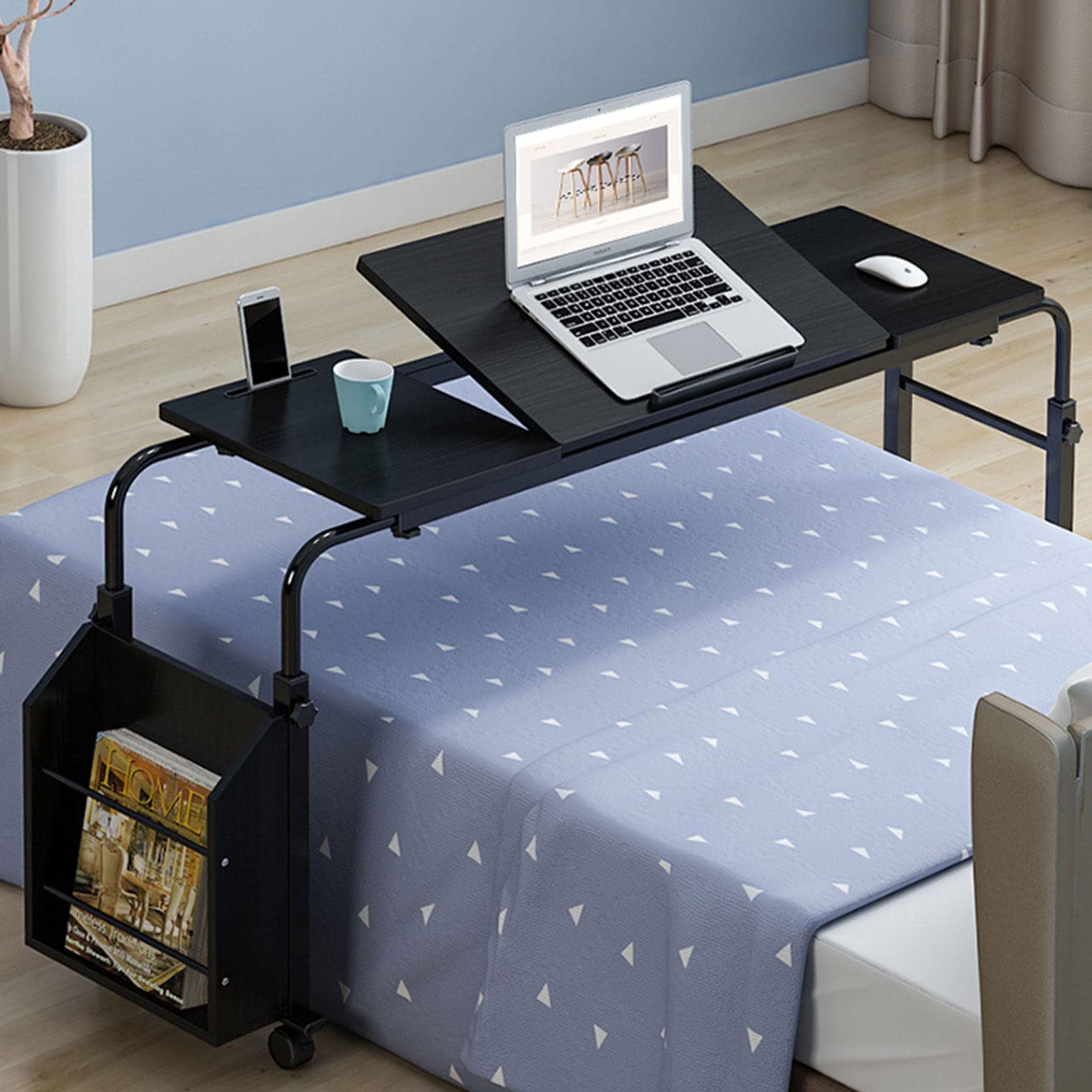 Cross Bed Laptop Desk with Wheels - Stretchable Mobile Stand Up Desk Tray, Study Writing Workstation with Storage Shelves for Bedroom, Dining Room, Living Room - Perfect for Home Office, Gaming, and Remote Work