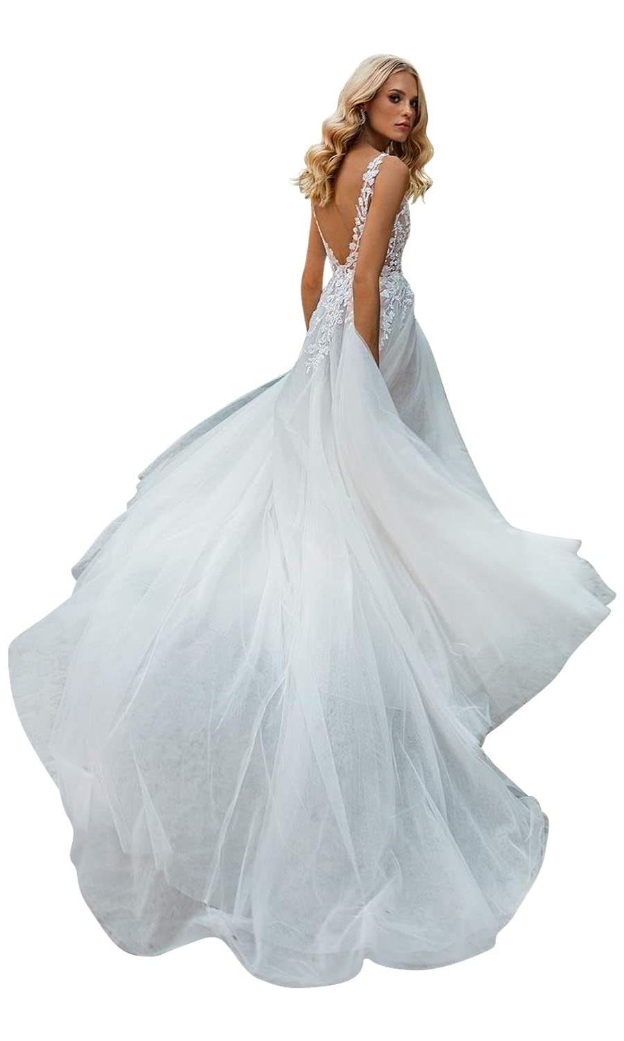 YMSHA Women's Boho Beach Wedding Dress 2023 - Long Lace Spaghetti Strap Bridal Gown for Bride (YMS041) | Perfect for Beach, Garden & Outdoor Boho Chic Weddings