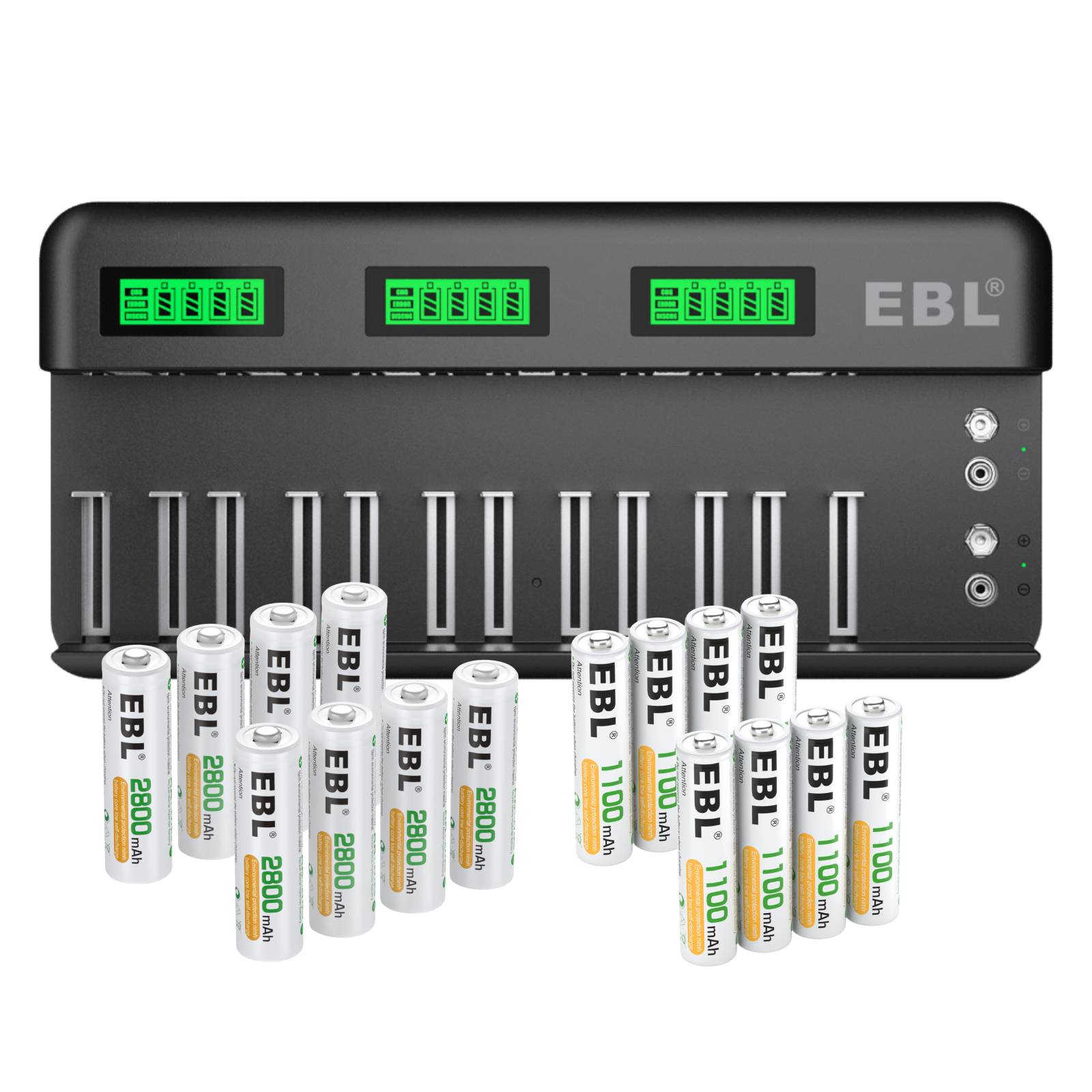 EBL 12+2 Bay Universal Battery Charger with 8 AA & 4 AAA 1.2V NiMH Rechargeable Batteries - Fast Charging for Cameras, Toys, Flashlights & Electronics