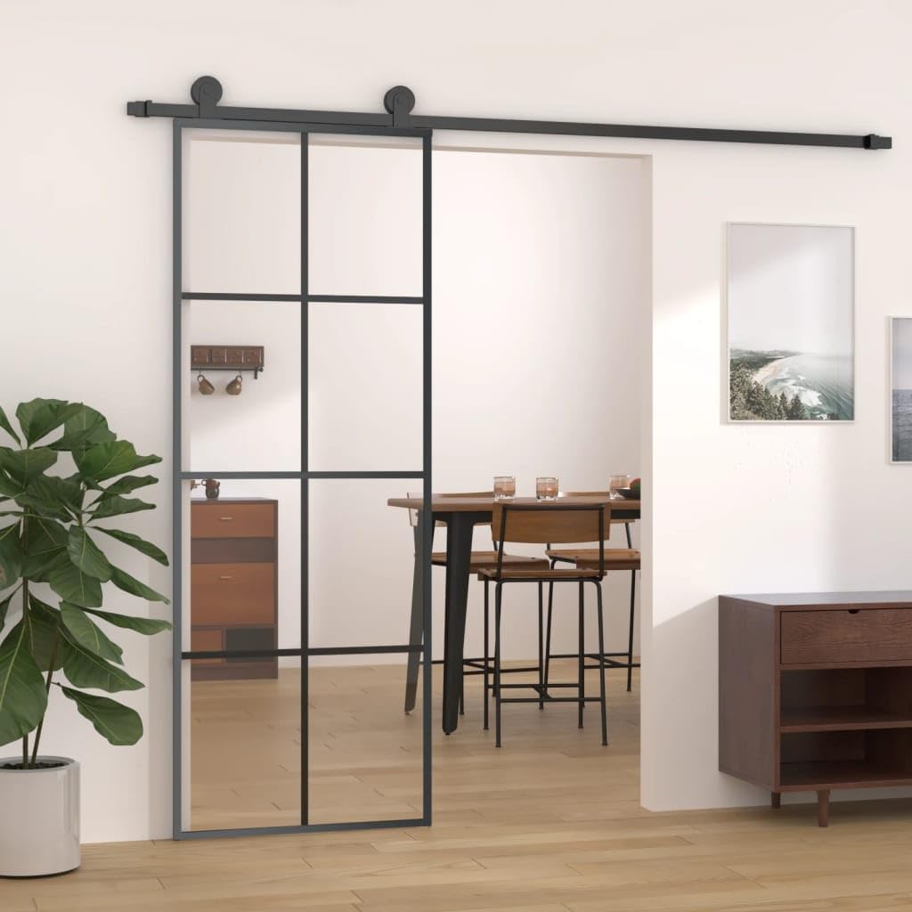 vidaXL Black Glass Sliding Barn Door Kit - 76x205 cm ESG Glass & Aluminum Track - Modern Interior Partition for Home, Office, and Room Divider