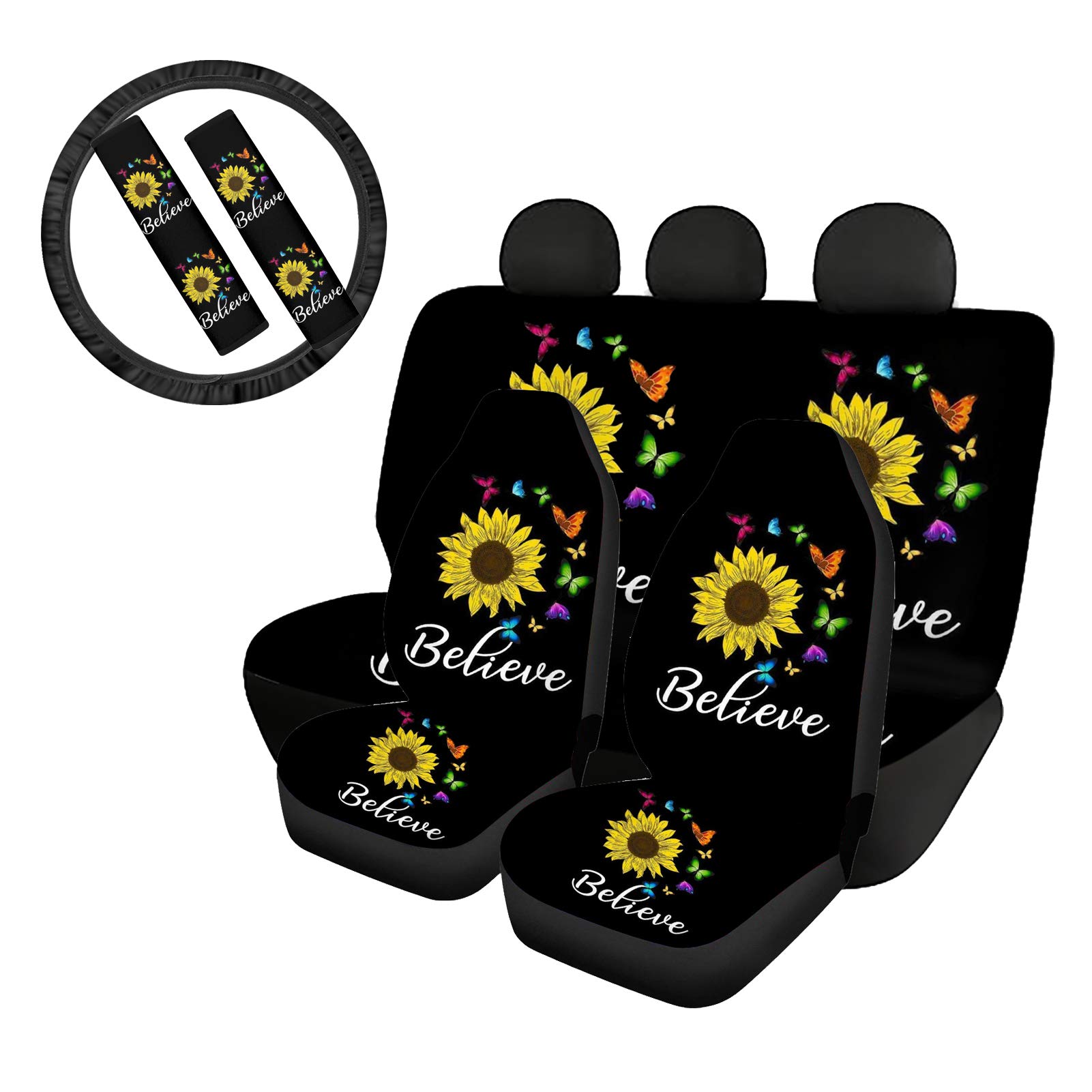 Xhuibop 7-Piece Sunflower Car Seat Cover Set - Black Steering Wheel Cover, Seat Belt Covers & Backrest Protector for Women | Perfect for Daily Commute, Road Trips & Car Interior Protection