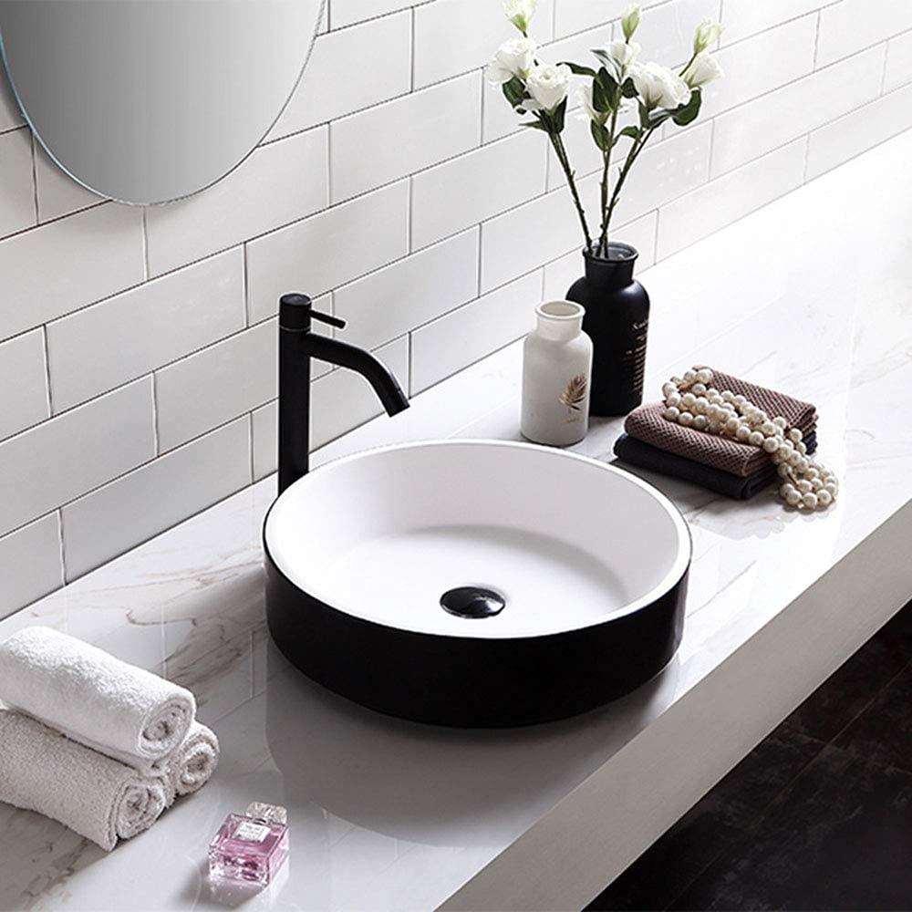 FMOGQ Small Round Bathroom Vanity Sink - White Artificial Stone Oval Basin with Drain for Lavatory Vanity Cabinet - Perfect for Modern Bathrooms, Powder Rooms & Guest Baths