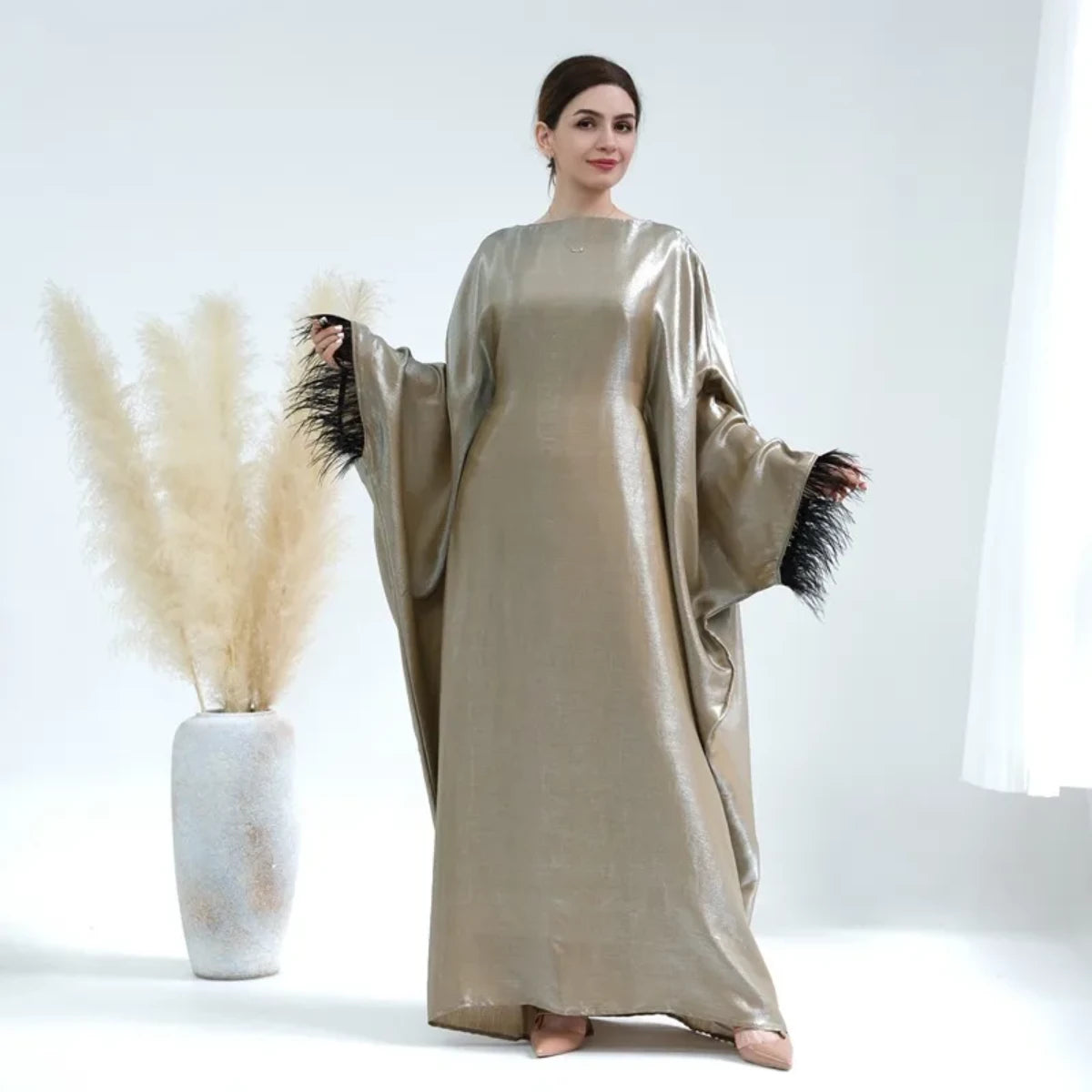 Elegant Muslim Women's Feather Sleeve Abaya Dress - Soft Nylon Cotton Blend - Perfect for Prayer, Eid Celebrations & Modest Fashion