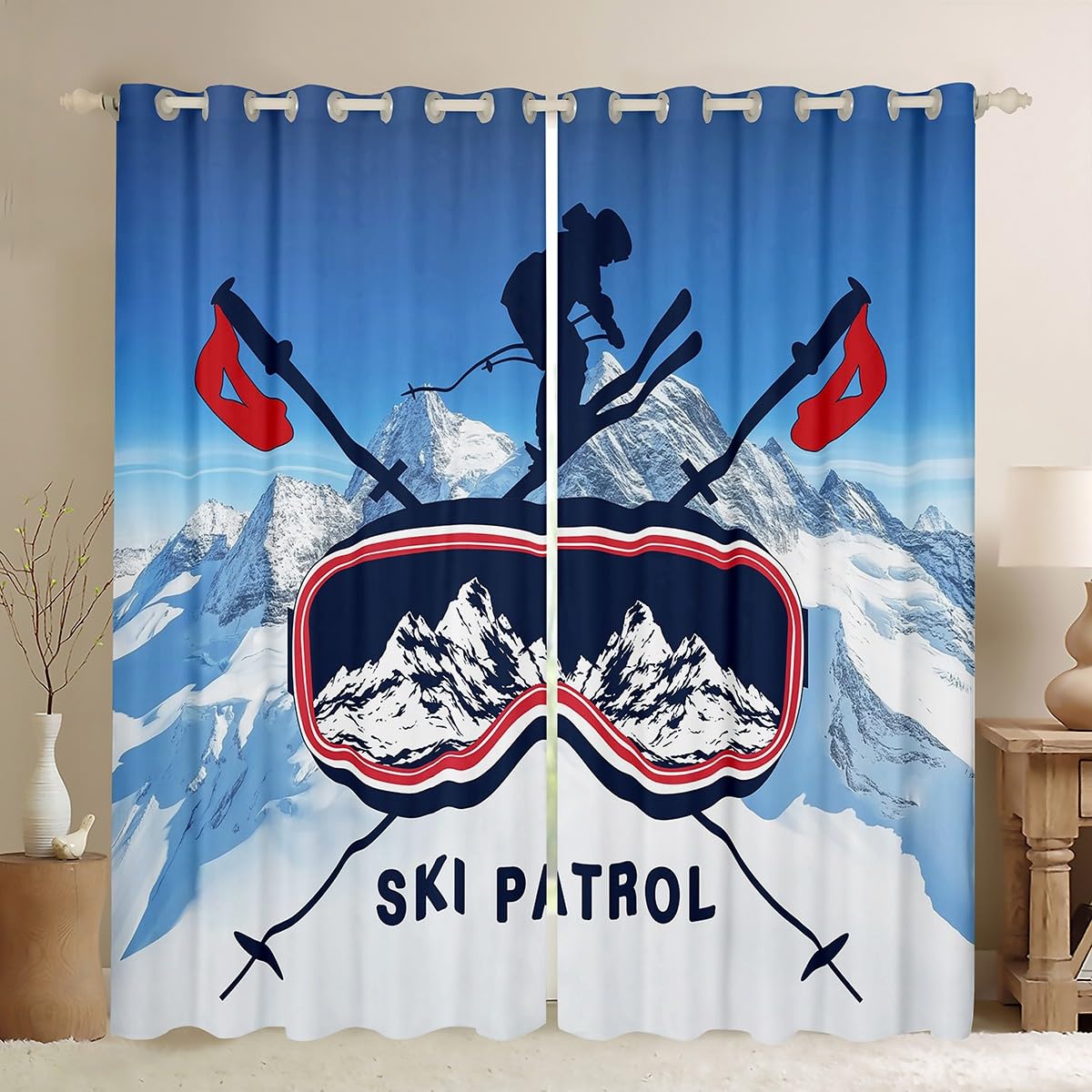 Erosebridal Winter Skiing Window Curtain Panels Set - 38x45 Inch Snow Mountain Design for Kids, Teens & Adults | Boys Girls Ski Sport Bedroom Decor | Thermal Insulated Blackout Drapes for Living Room, Nursery & Dorm