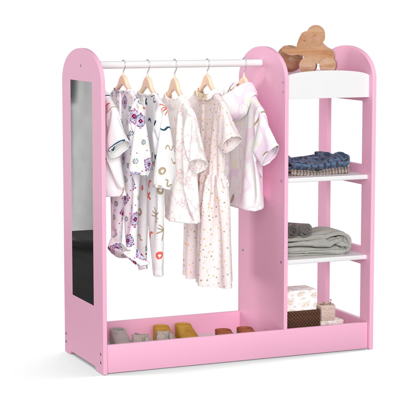 YUFU Kids Dress Up Storage with Full-Length Mirror - 3-Tier Shelves, Clothing Rack & Bottom Tray | Pink Nursery Wardrobe for Girls' Room | Perfect for Organizing Dresses, Costumes & Toys