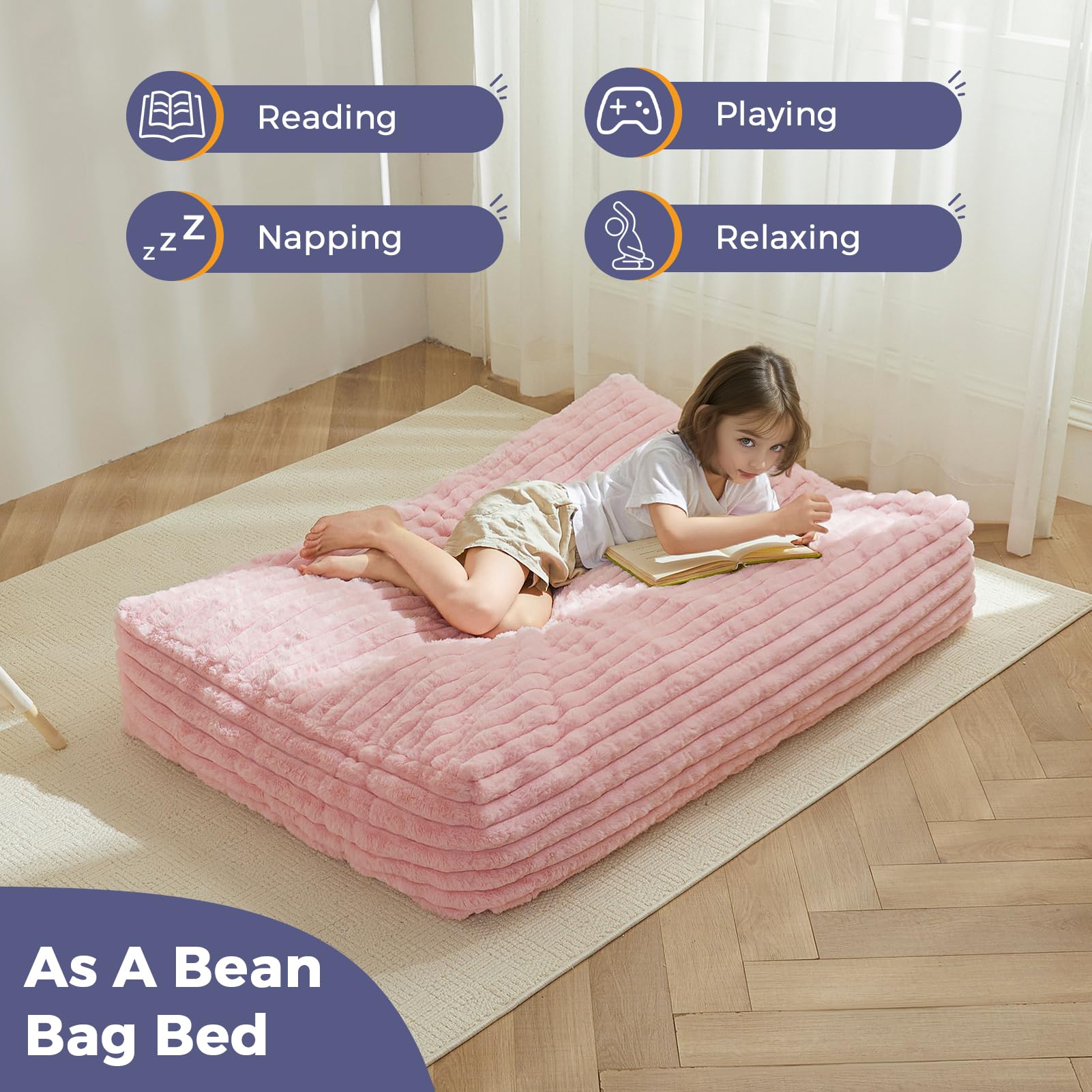 MAXYOYO Kids Bean Bag Chair Bed - Convertible Children's Floor Mattress & Lounge Chair, Pink - Perfect for Playroom, Bedroom & Reading Nook