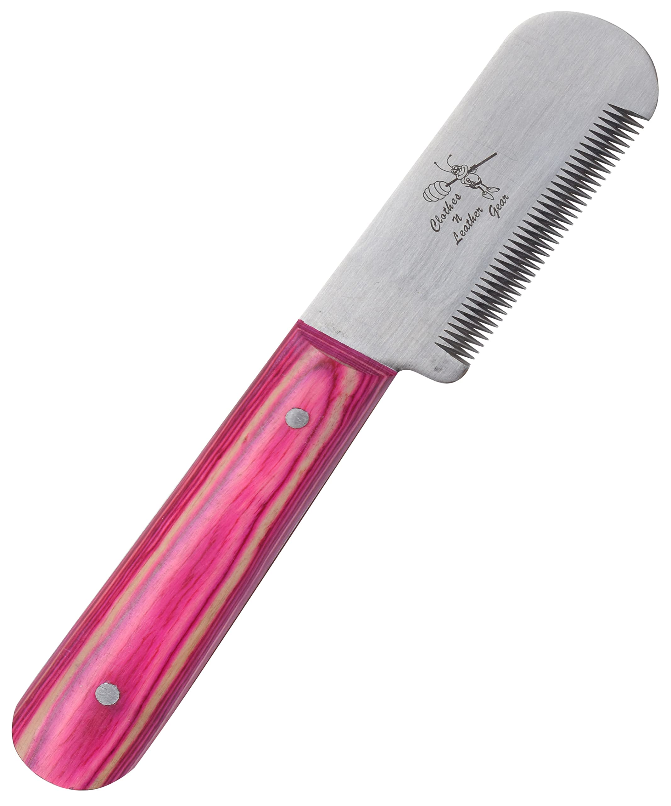 Professional 3 Inch Stainless Steel Stripping Knife with Wooden Handle - Right Handed Tool (Fine Teeth, Pink) | Perfect for Leatherworking, Upholstery & DIY Crafts