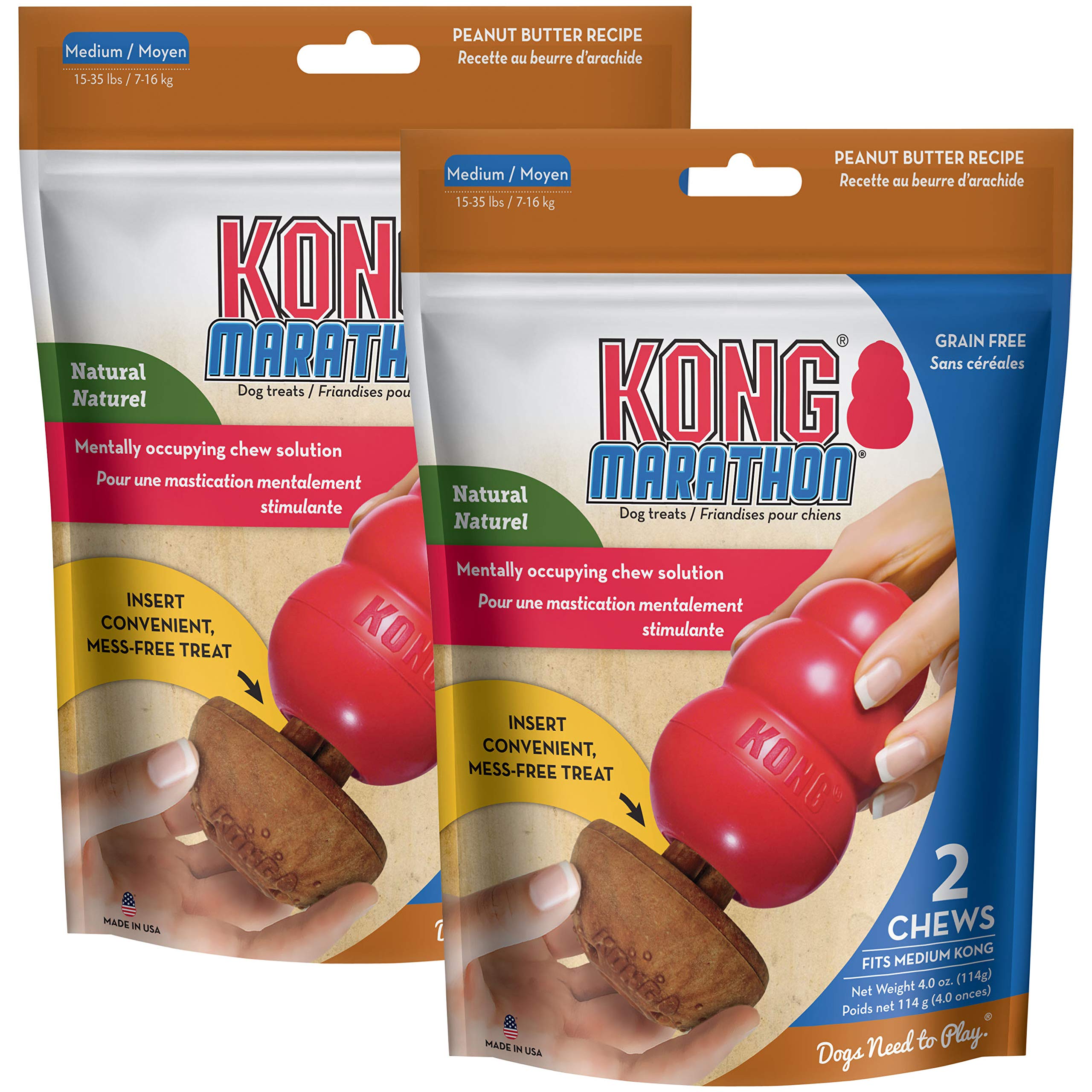 KONG Marathon Dog Chew Toy - Peanut Butter Flavor for Medium Dogs - 2 Pack (4 Pieces) - Durable Training & Playtime Treat Dispenser - Perfect for Puzzle Games, Boredom Relief and Dental Health