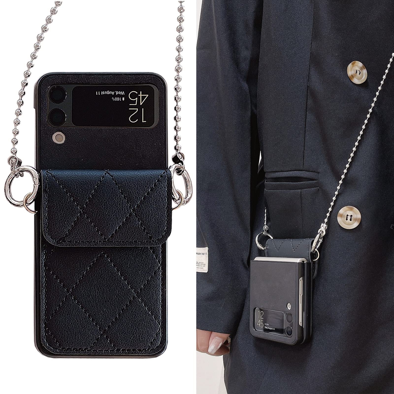 Luxury Leather Wallet Case for Samsung Galaxy Z Flip 3 5G (2021) - Cute Black Card Holder with Metal Chain Lanyard, Shockproof Flip Cover for Women & Girls | Perfect for Everyday Use, Travel, and Style Protection