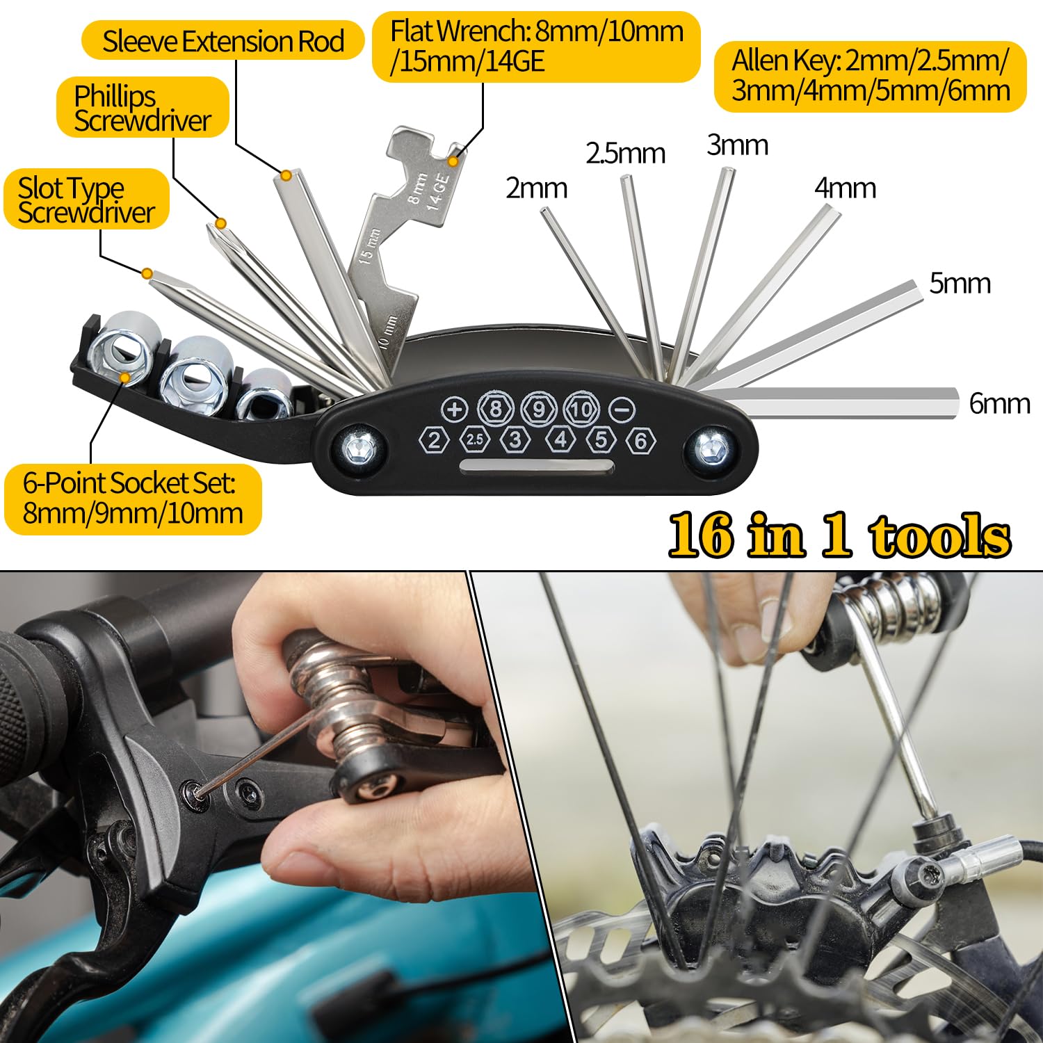 16-in-1 Bike Repair Kit with Tire Pump - Portable Bicycle Tool Kit for Mountain & Road Bikes - Includes 4mm/5mm Allen Wrenches & Tire Repair Tools - Perfect for Camping, Travel & Emergency Roadside Bike Maintenance