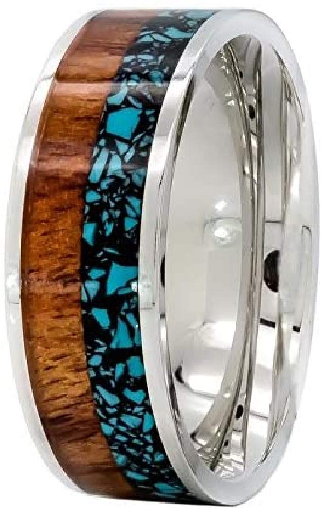 7MM Turquoise Wedding Ring - Handmade Koa Wood Band for Men & Women - Natural Wooden Ring for Crafts, Couples & Jewelry Making - Perfect for Beach Weddings, Anniversary Gifts & Boho Style Accessories