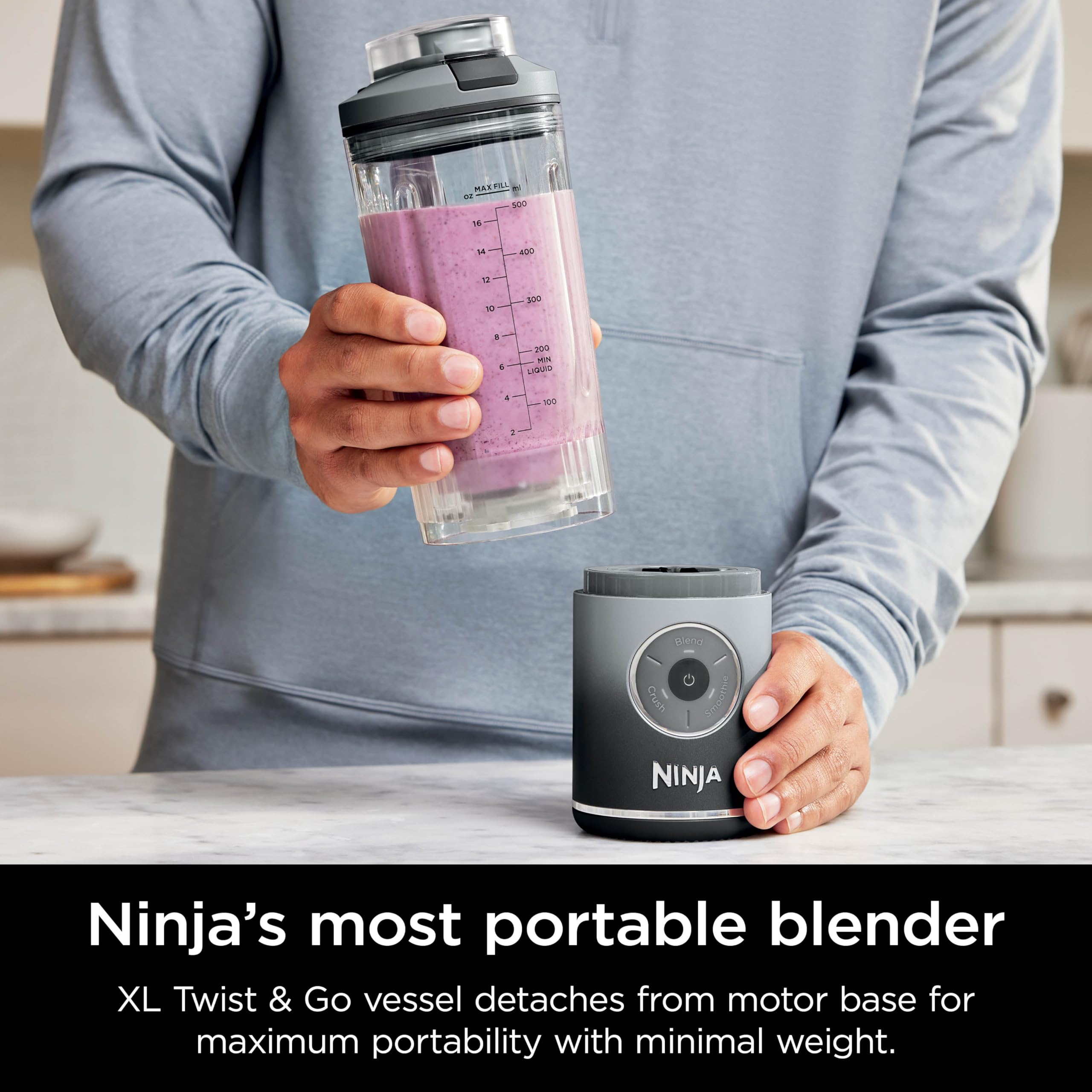 Ninja Blast Max Portable Blender - Cordless Personal Blender with 22oz Removable Cup, 3 Blending Programs for Smoothies, Ice Crushing & More | Twist & Go Design, Leakproof, Dishwasher Safe (Grey) | Perfect for Gym, Office & Travel Use