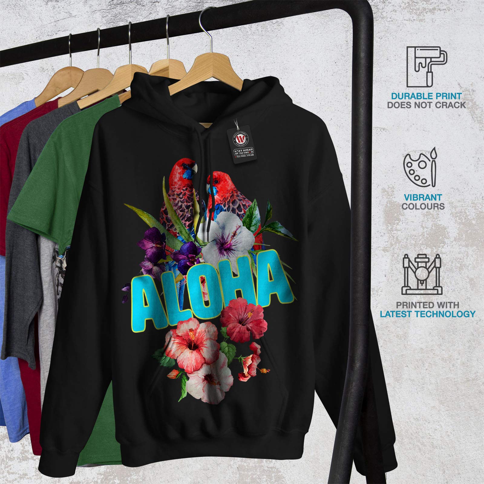 Wellcoda Hawaiian Aloha Bloom Men's Hoodie - Tropical Bird Print Pullover Sweatshirt for Casual Wear & Beach Vacation Outfits