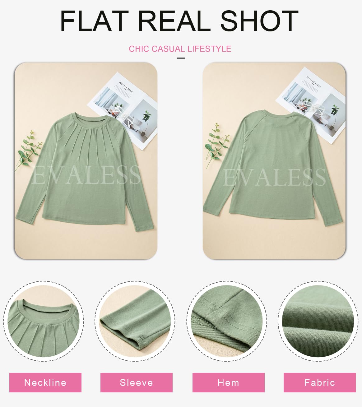 EVALESS Women's Casual Crewneck Long Sleeve T-Shirt - 2025 Trendy Loose Fit Pleated Blouse for Spring Summer | Perfect for Work, Weekend Outfits & Travel