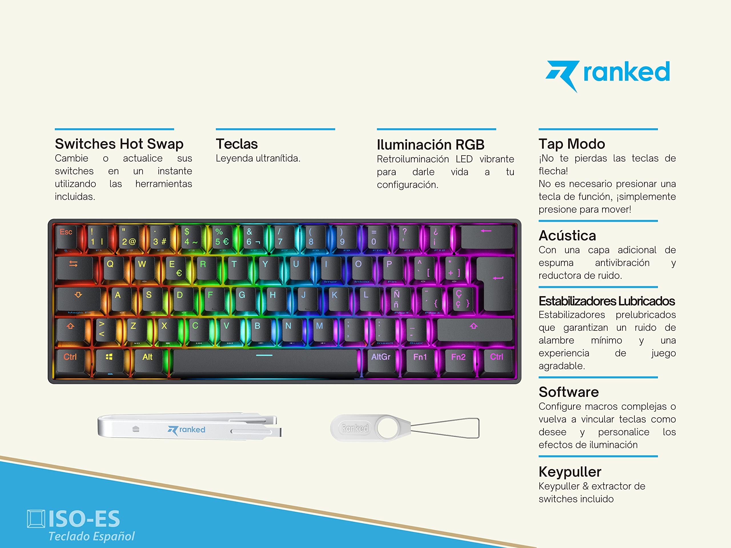 N60 Nova 60% Mechanical Gaming Keyboard - Hot Swappable, 62 Programmable Keys with RGB Backlight - ISO ES Spanish Layout (Black, Gateron Blue Switches) - Perfect for PC/Mac Gamers, Typists & Office Work