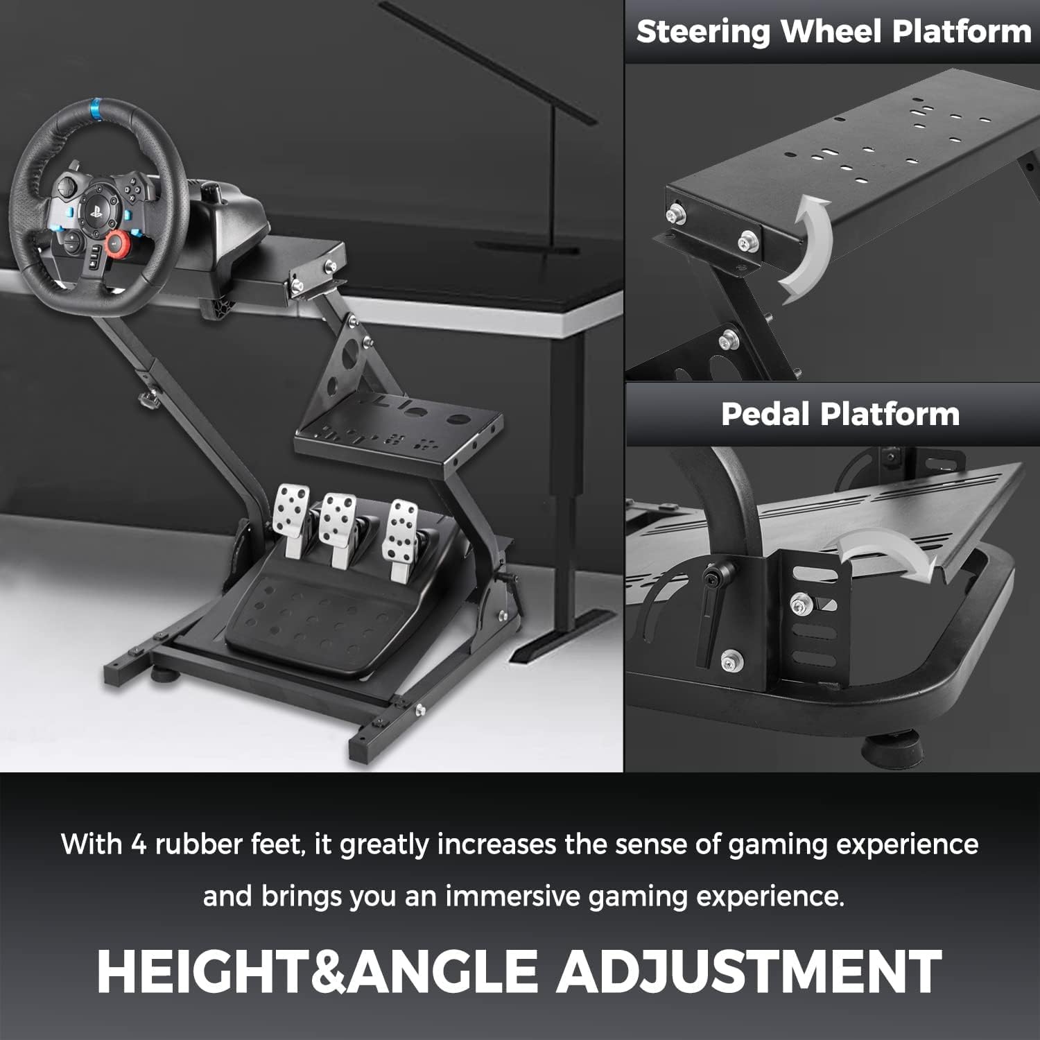 Hottoby Racing Steering Wheel Stand Foldable with Shift Lever - Compatible with Logitech G25 G27 G29 G920 G923, Thrustmaster T150 T248 T300 - Multi-Level Adjustable, Easy Storage & Installation - Perfect for Sim Racing Cockpit Setup (No Wheel & Pedal Included) - Ideal for Gaming, Racing Simulators & Home Entertainment