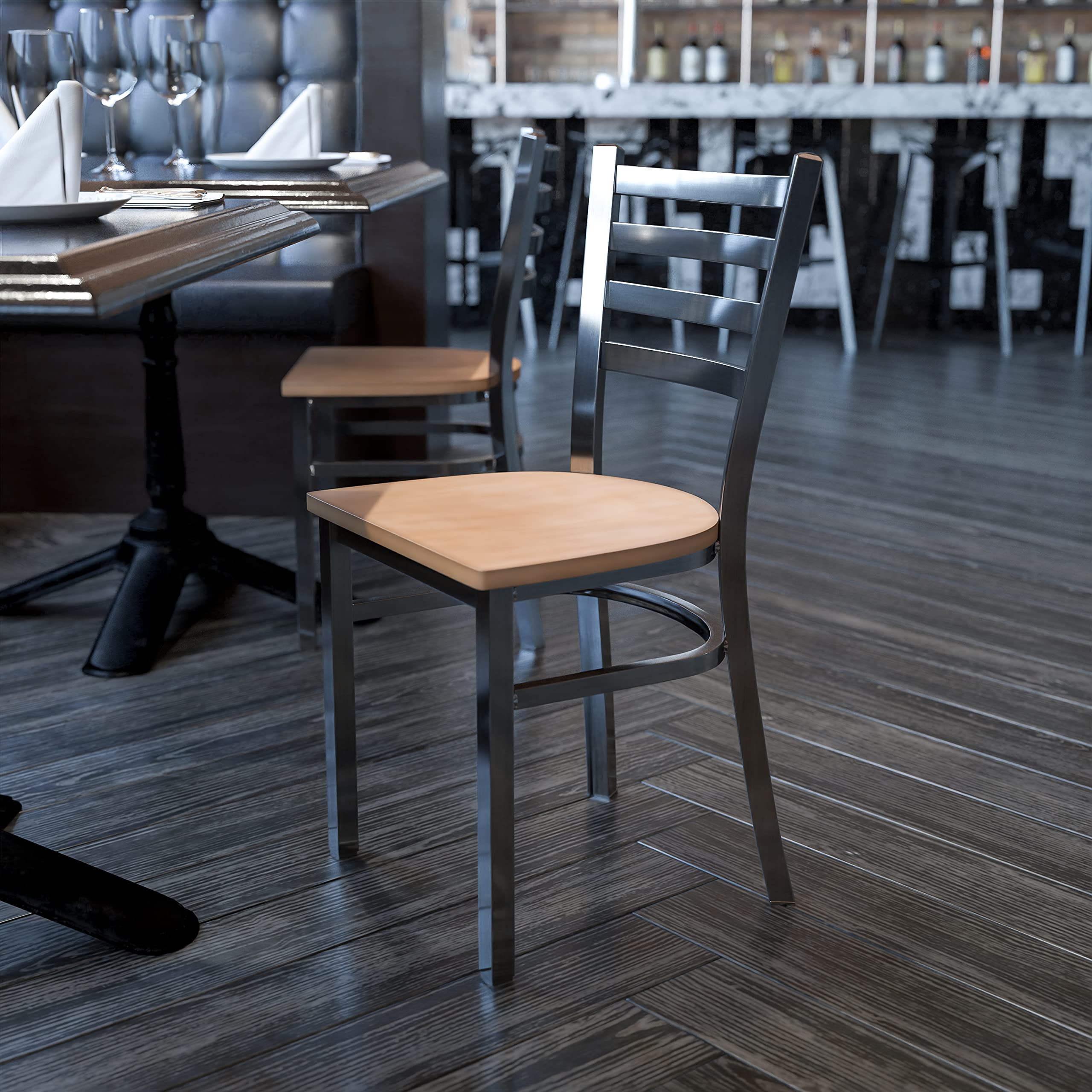 EMMA + OLIVER Clear Coated Ladder Back Metal Dining Chair with Natural Wood Seat - Modern Kitchen & Dining Room Furniture for Home, Restaurant & Cafe Use