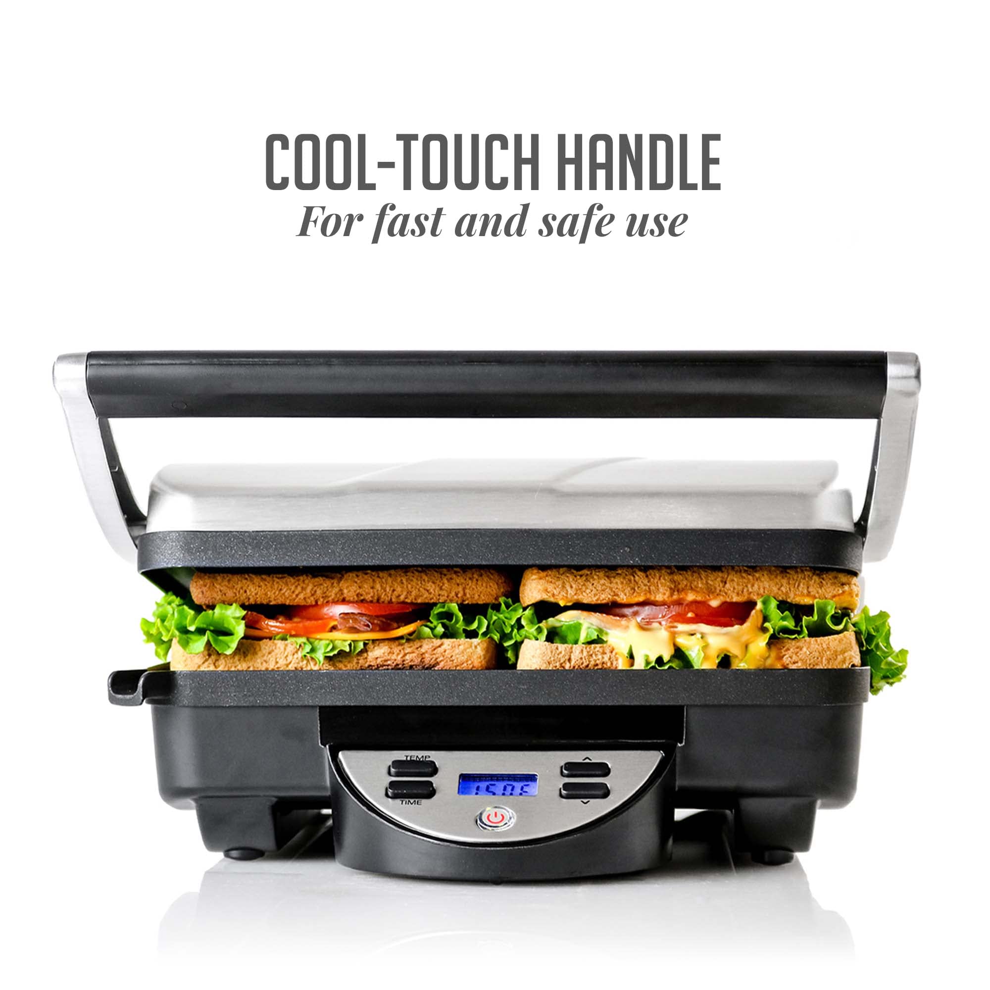 OVENTE 1500W Electric Panini Press Sandwich Maker - Nonstick Indoor Grill with Digital Timer & Temperature Control, Removable Drip Tray - Perfect for 4-Slice Sandwiches, Burgers & Breakfast - Ideal for Home, Office & Camping (Silver GP1000BR)