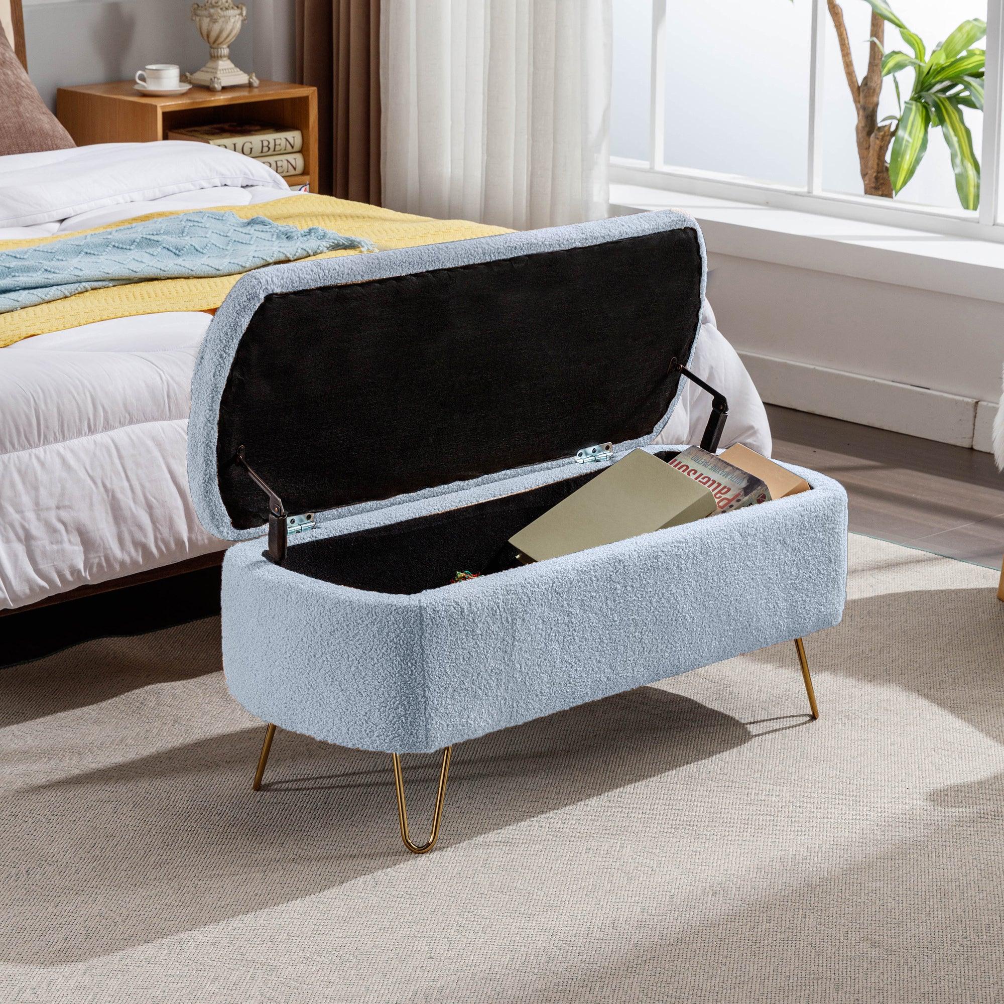 Modern Blue Storage Ottoman Bench with Gold Legs & Grey Faux Fur Upholstery - Padded Seat with Hidden Storage for Bedroom, Living Room & Entryway | Perfect for Extra Seating, Footrest & Home Organization