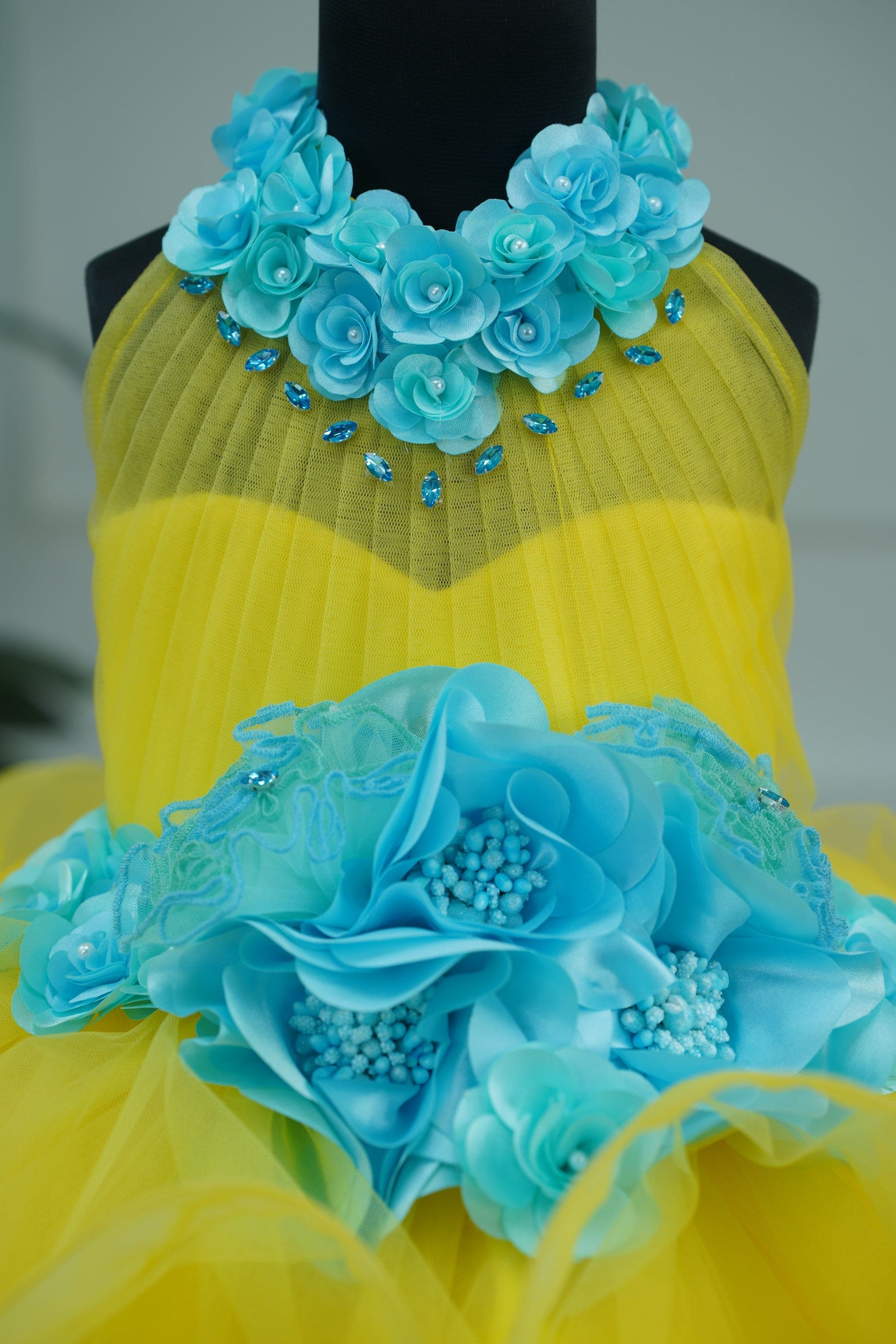 Pre Order: Aqua Blue Halter Neck Twirled Couture Gown with Floral Embellishments – Perfect for Prom, Evening Parties & Special Occasions